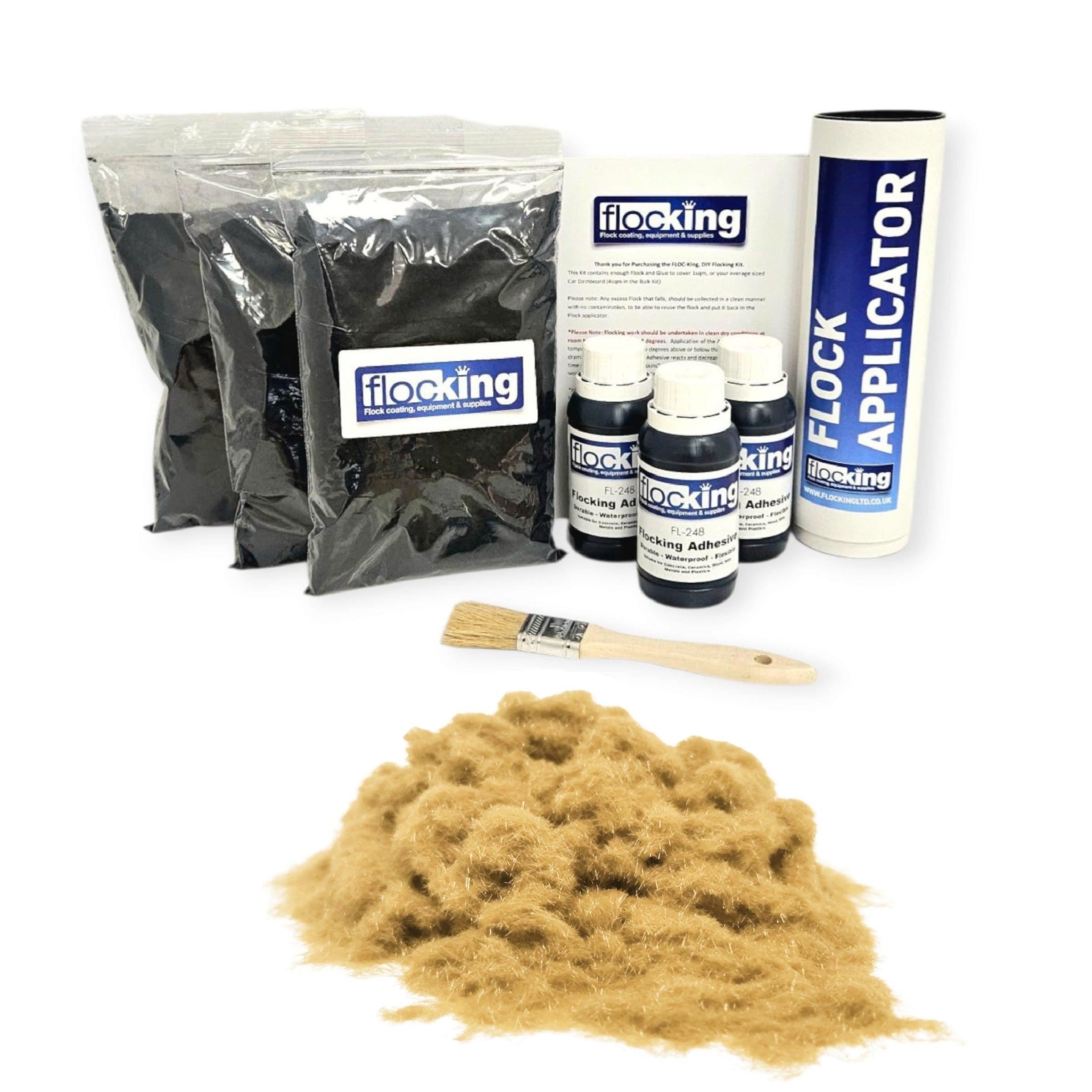 Triple Flocking kit with bags of Sand Beige Nylon flocking fibres, applicator, adhesive, brush, and full instructions.