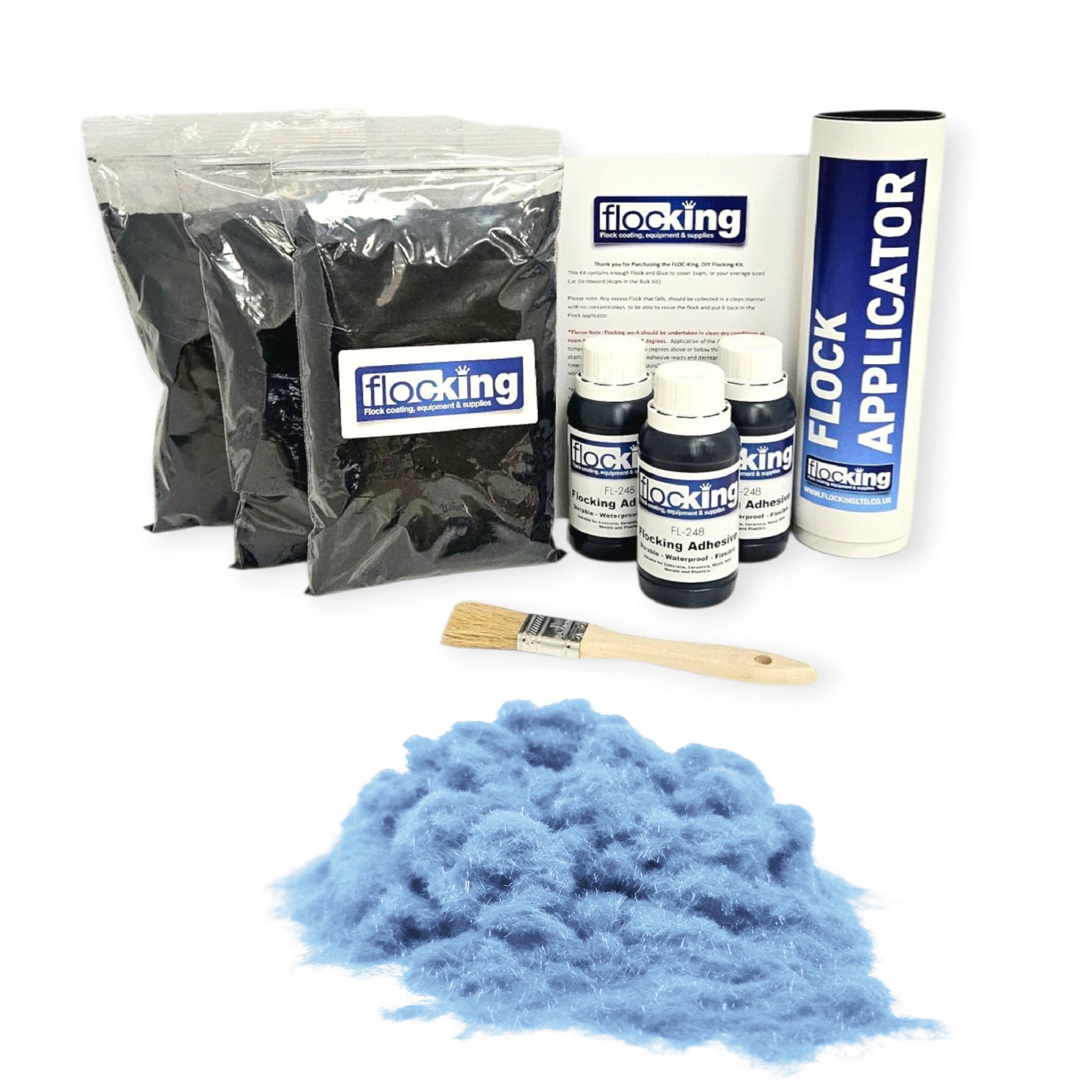 Triple Flocking kit with bags of Sky blue Nylon flocking fibres, applicator, adhesive, brush, and full instructions.