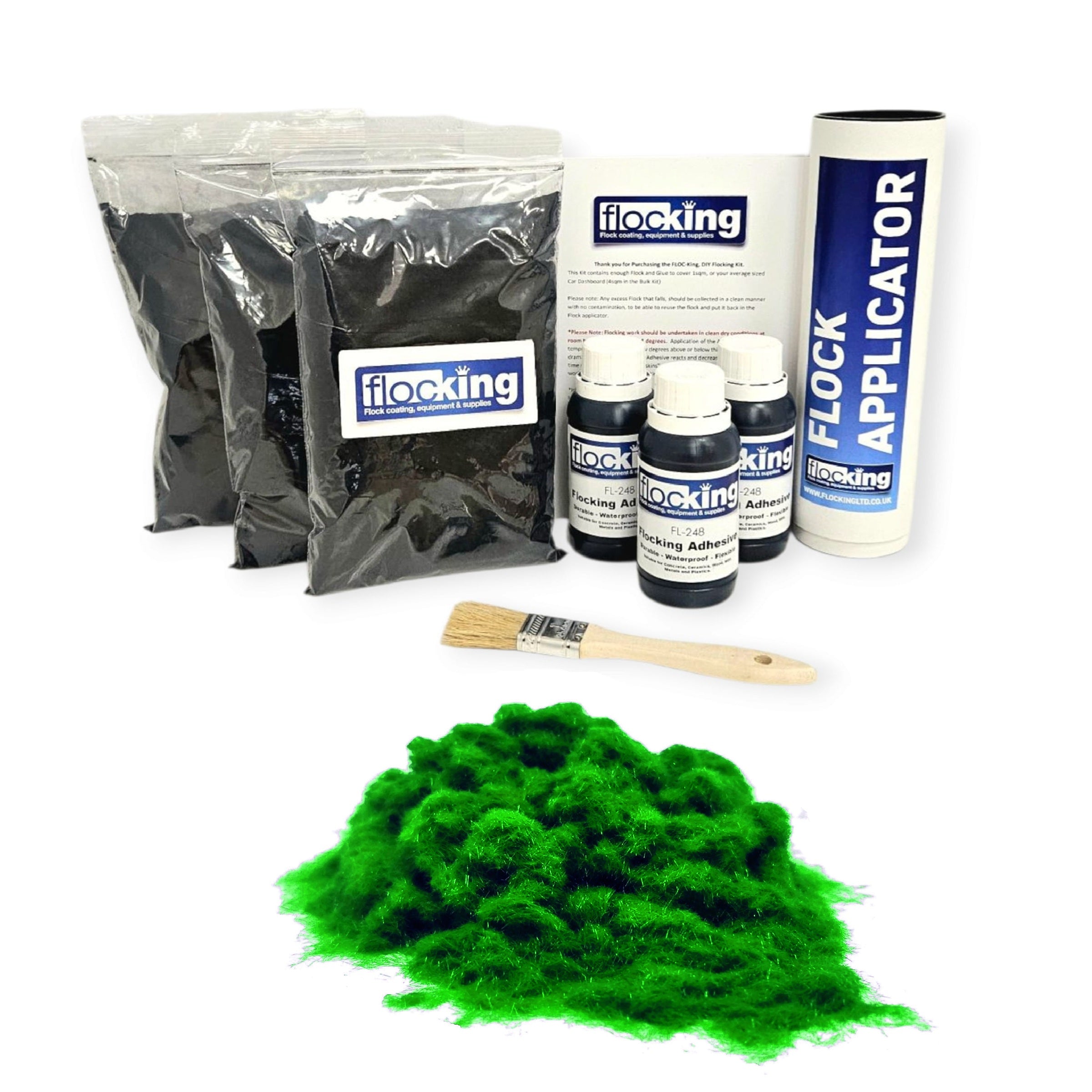 Triple Flocking kit with bags of Snooker Green Nylon flocking fibres, applicator, adhesive, brush, and full instructions.