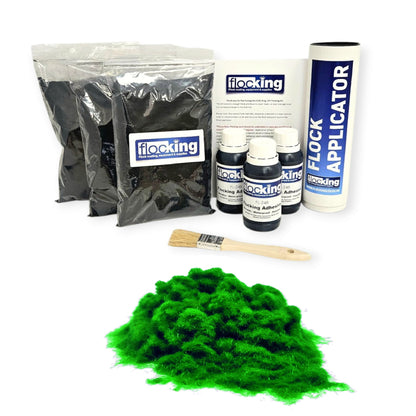 Triple Flocking kit with bags of Snooker Green Nylon flocking fibres, applicator, adhesive, brush, and full instructions.