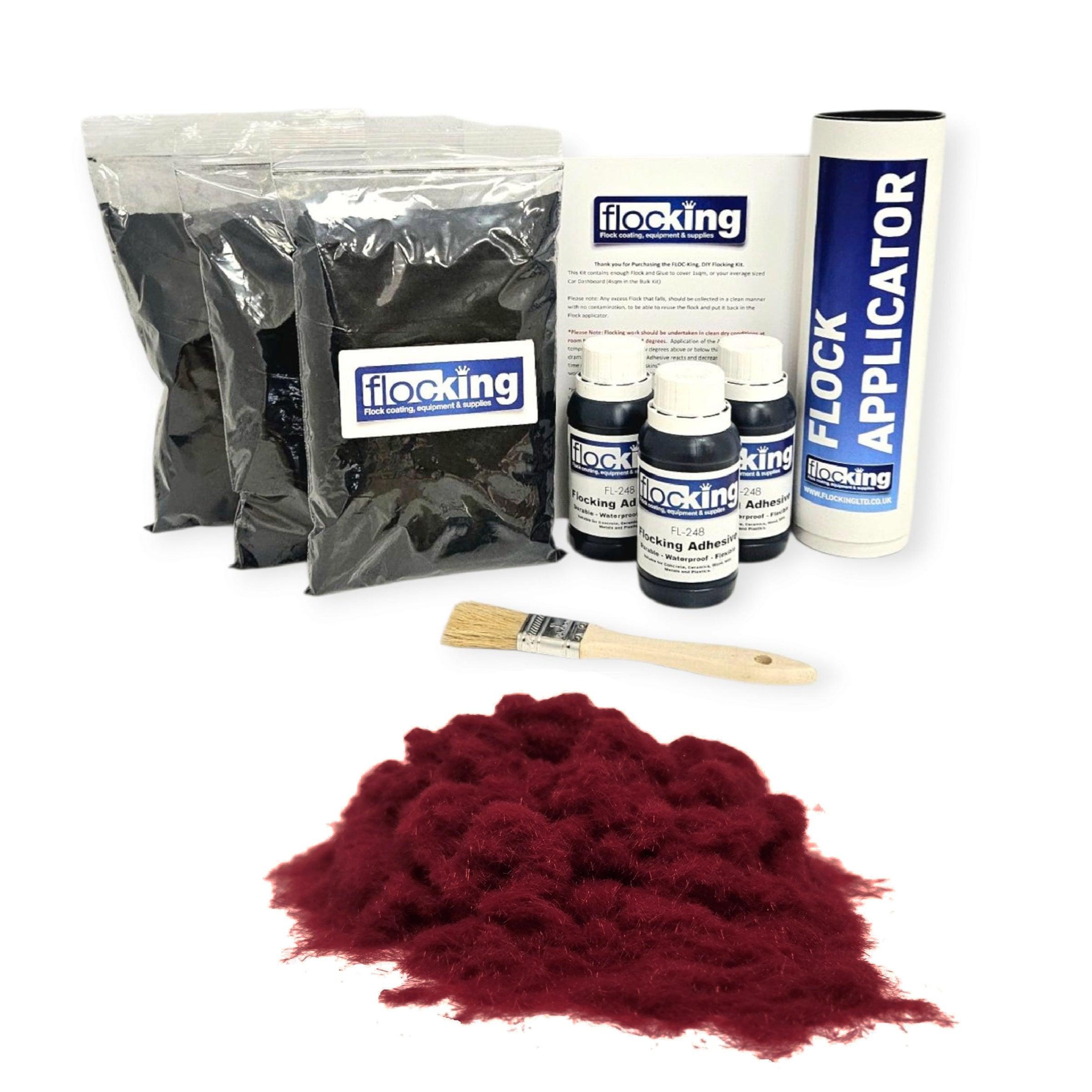 Triple Flocking kit with bags of Wine Red Nylon flocking fibres, applicator, adhesive, brush, and full instructions.