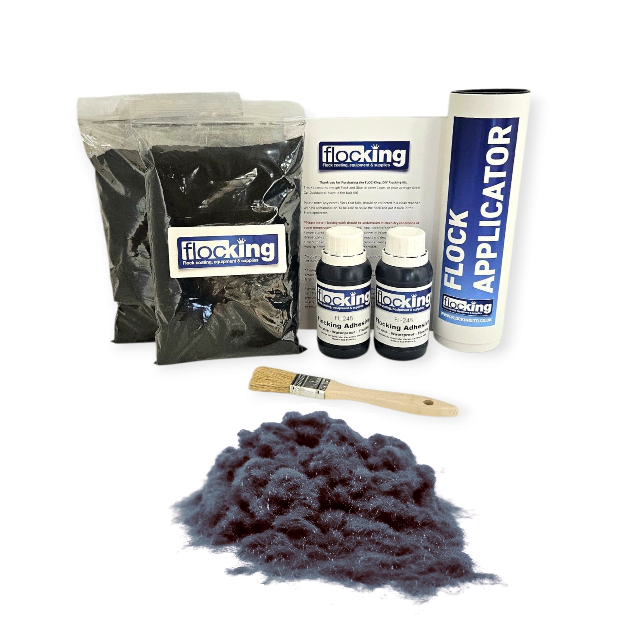 Twin DIY Flocking Kit with 2 x Flocking Fibres in Anthracite Grey colour, 2 x 150ml Flocking Adhesives pre pigmented to Anthracite Grey , a manual tube flocking applicator, brush and full instruction guide.