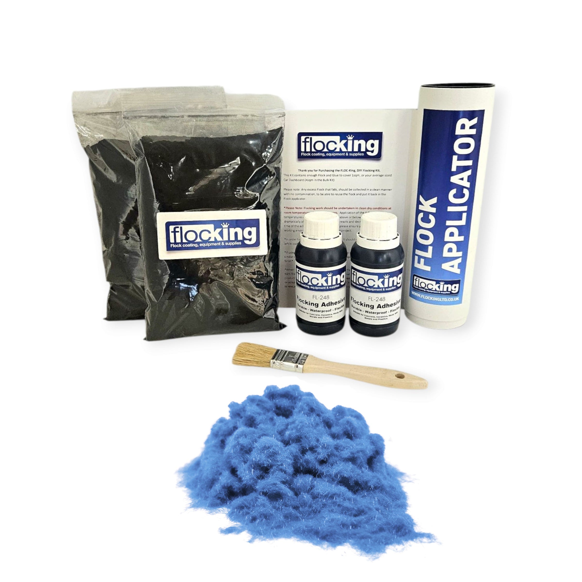 Twin DIY Flocking Kit with 2 x Flocking Fibres in Aqua Blue colour, 2 x 150ml Flocking Adhesives pre pigmented to Aqua Blue, a manual tube flocking applicator, brush and full instruction guide.