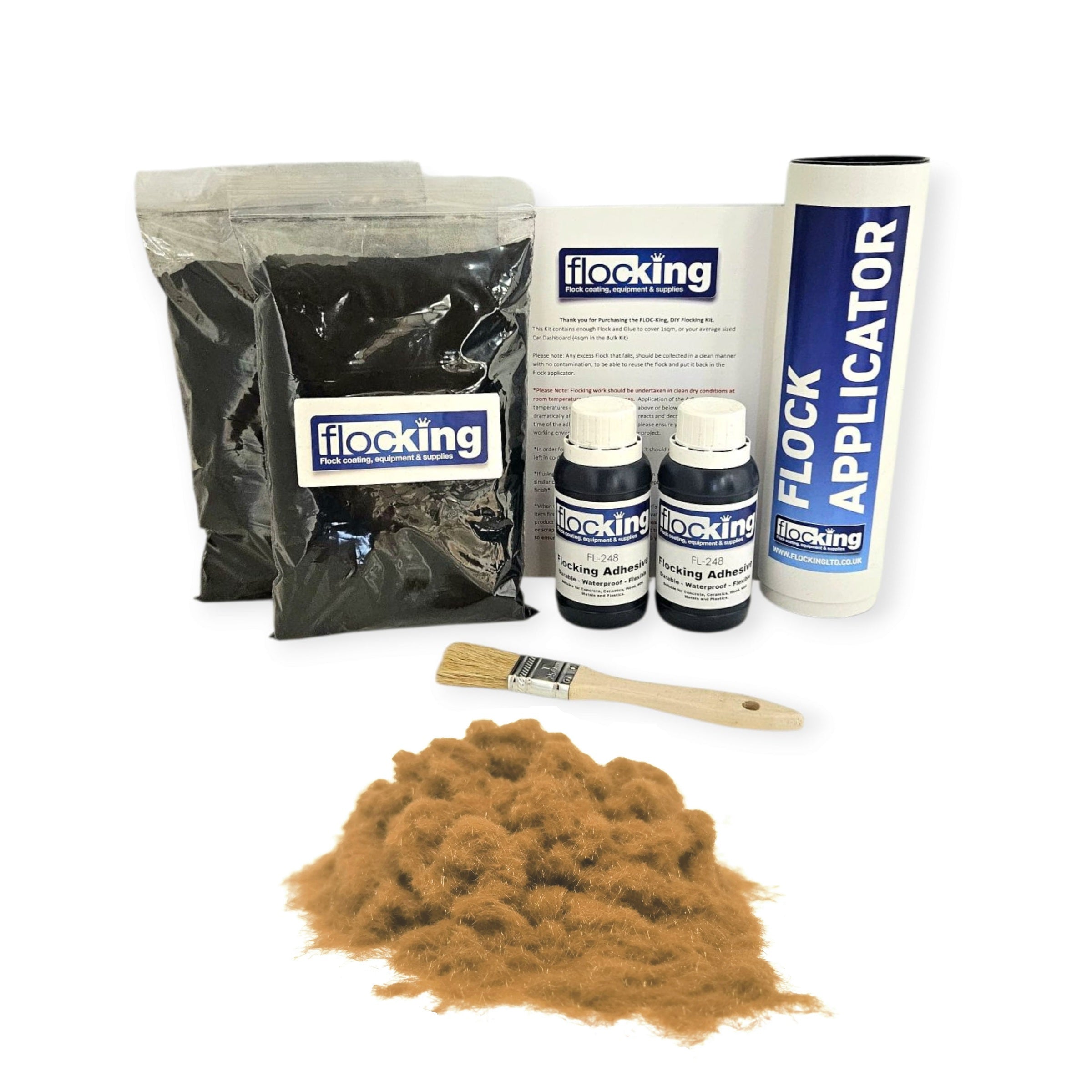 Twin DIY Flocking Kit with 2 x Flocking Fibres in Arena Brown colour, 2 x 150ml Flocking Adhesives pre pigmented to Arena Brown, a manual tube flocking applicator, brush and full instruction guide.