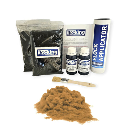 Twin DIY Flocking Kit with 2 x Flocking Fibres in Arena Brown colour, 2 x 150ml Flocking Adhesives pre pigmented to Arena Brown, a manual tube flocking applicator, brush and full instruction guide.