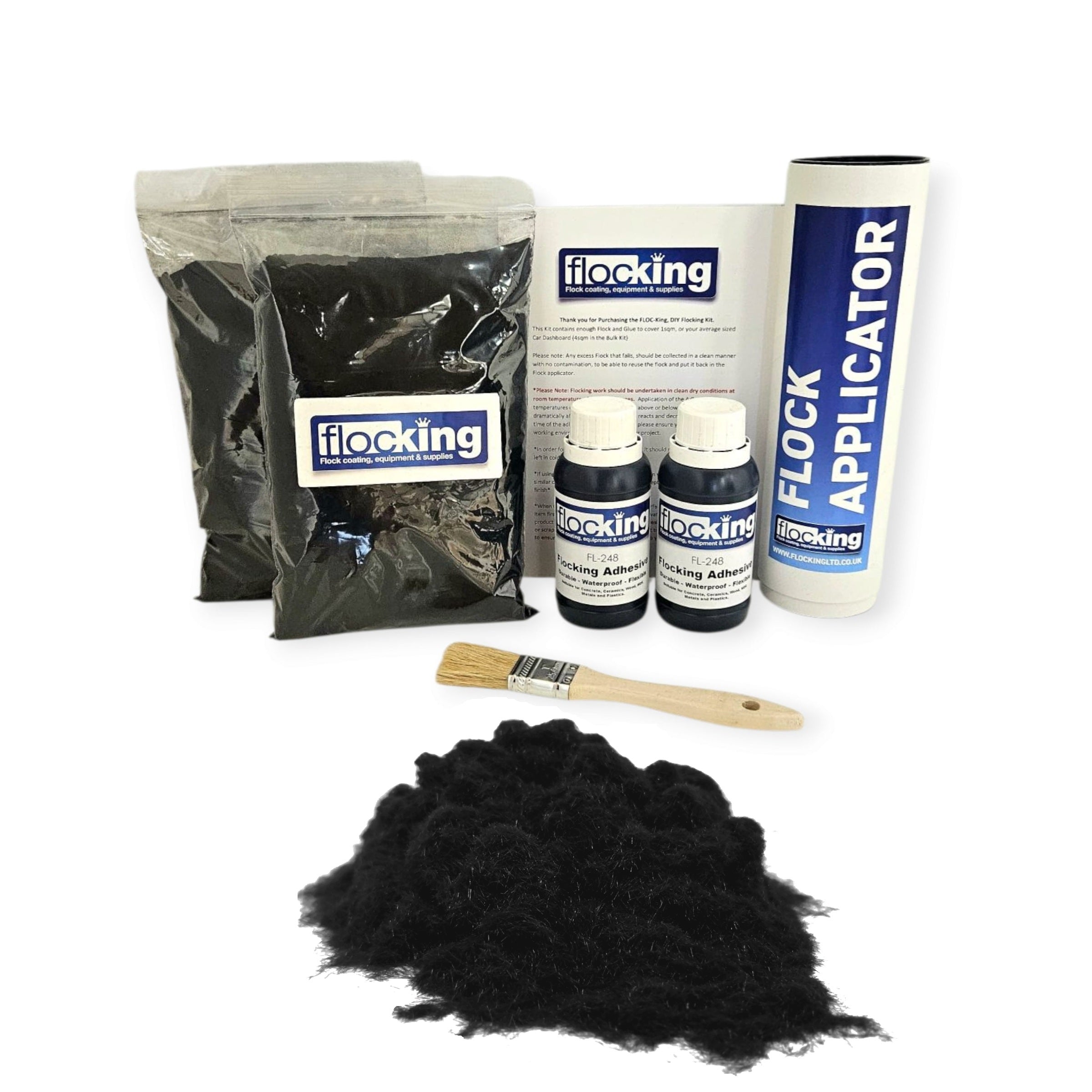 Twin DIY Flocking Kit with 2 x Flocking Fibres in Black colour, 2 x 150ml Flocking Adhesives pre pigmented to Black, a manual tube flocking applicator, brush and full instruction guide.