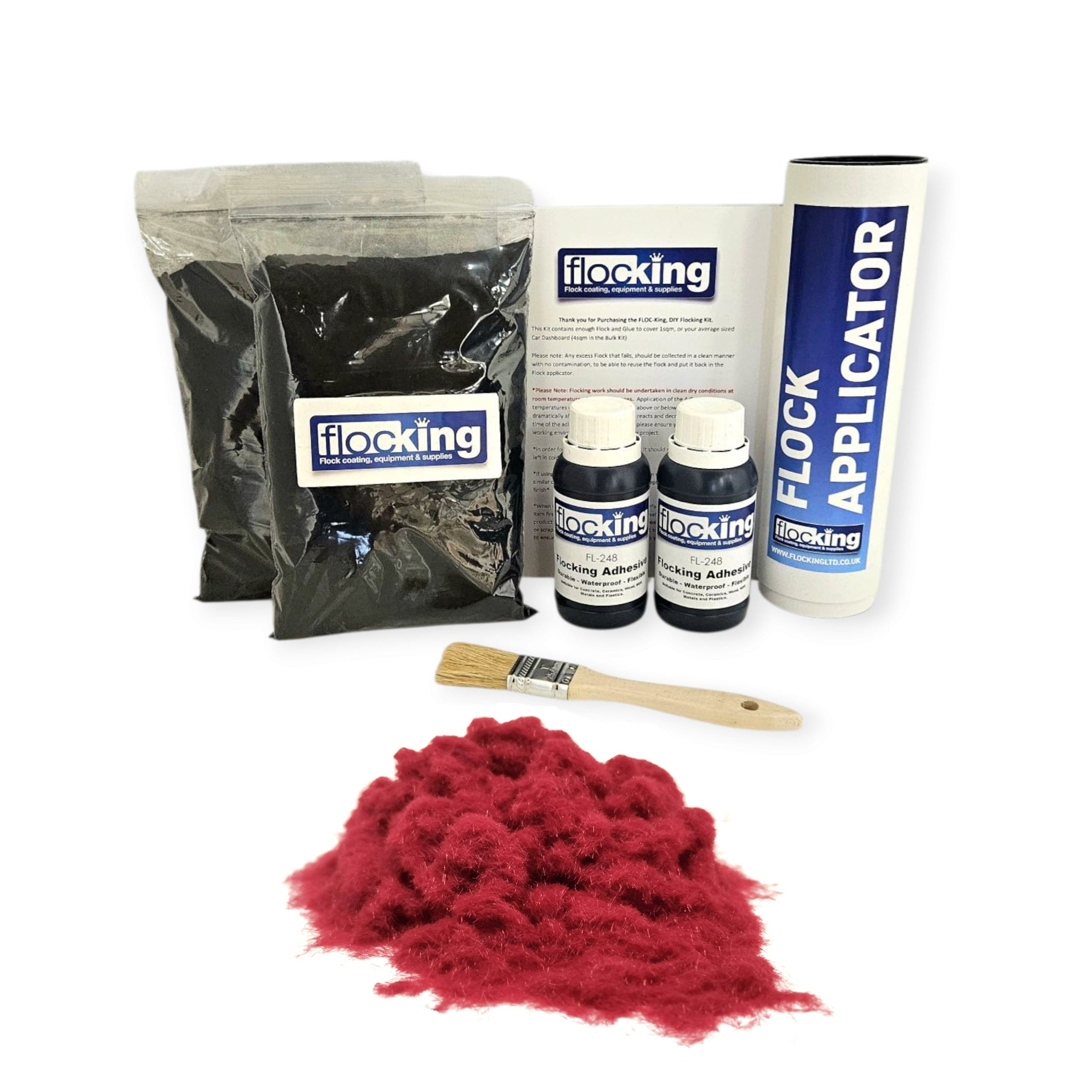 Twin DIY Flocking Kit with 2 x Flocking Fibres in Bordeaux Red colour, 2 x 150ml Flocking Adhesives pre pigmented to Bordeaux Red, a manual tube flocking applicator, brush and full instruction guide.