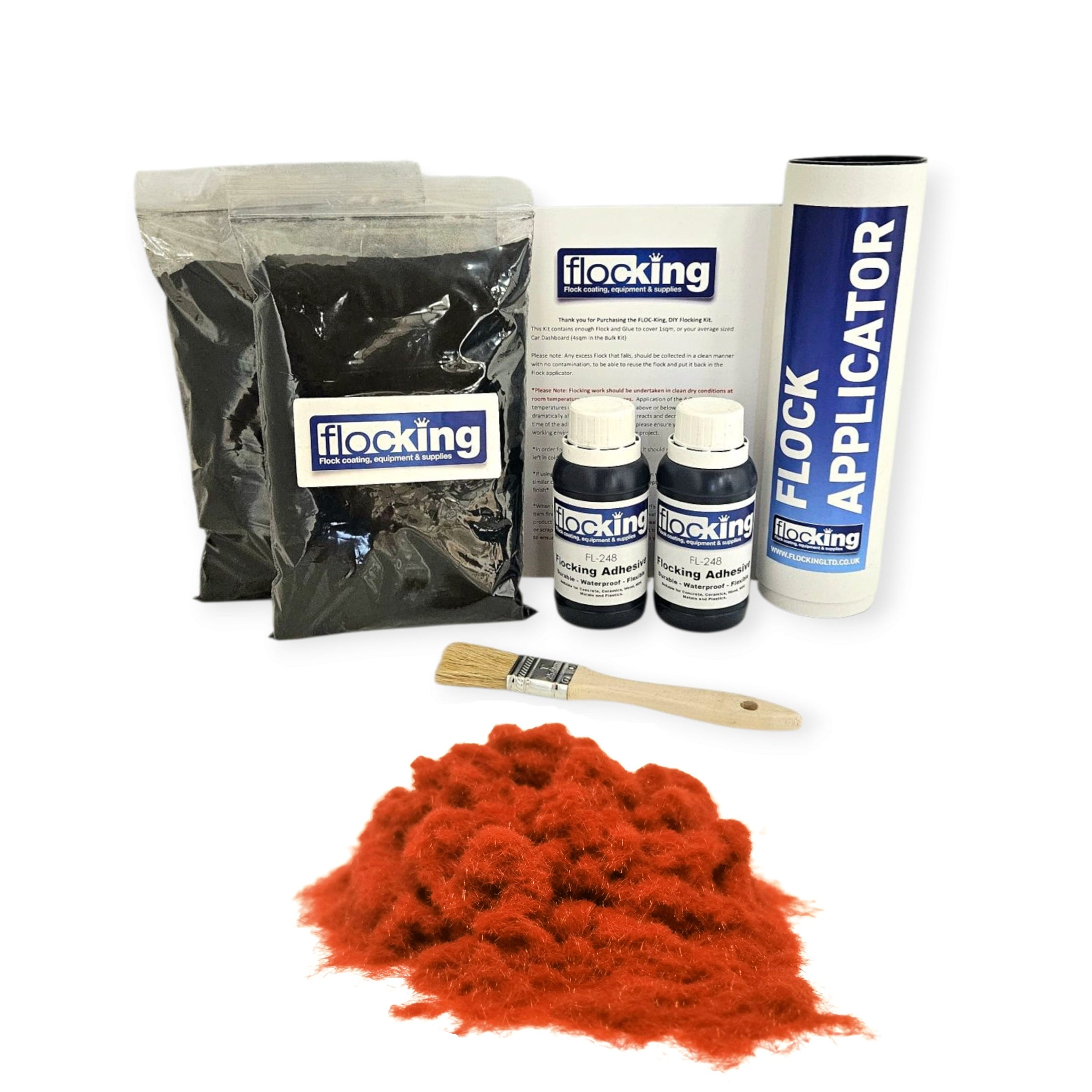 Twin DIY Flocking Kit with 2 x Flocking Fibres in Burnt orange colour, 2 x 150ml Flocking Adhesives pre pigmented to Burnt orange, a manual tube flocking applicator, brush and full instruction guide.
