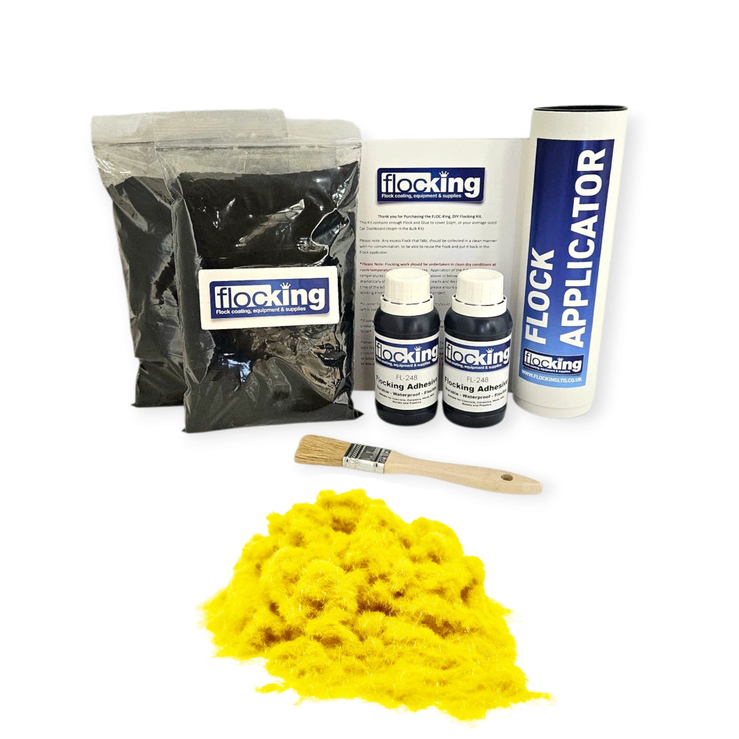 Twin DIY Flocking Kit with 2 x Flocking Fibres in Canary Yellow colour, 2 x 150ml Flocking Adhesives pre pigmented to Canary Yellow, a manual tube flocking applicator, brush and full instruction guide.
