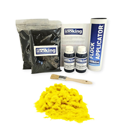 Twin DIY Flocking Kit with 2 x Flocking Fibres in Canary Yellow colour, 2 x 150ml Flocking Adhesives pre pigmented to Canary Yellow, a manual tube flocking applicator, brush and full instruction guide.