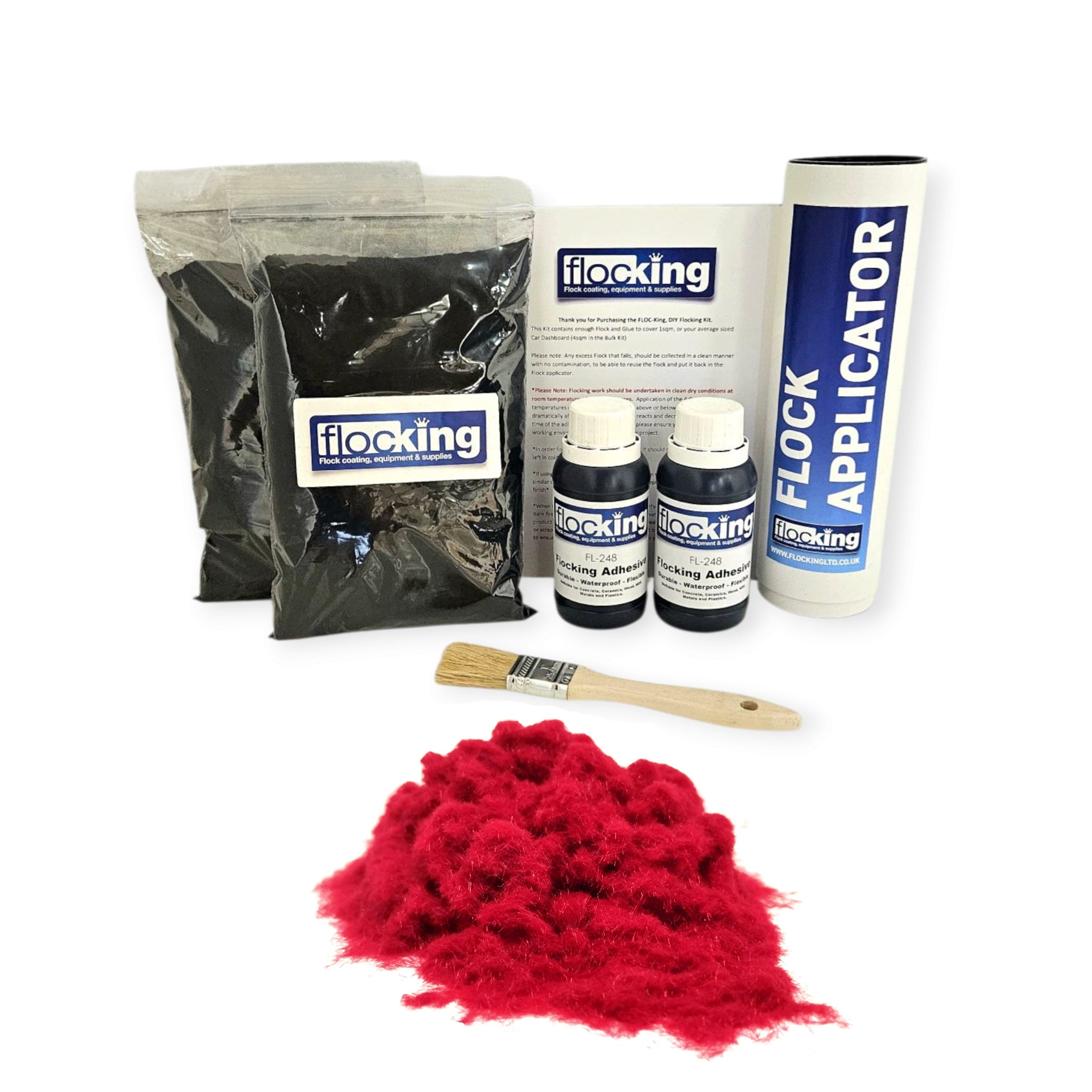 Twin DIY Flocking Kit with 2 x Flocking Fibres in Chilli Red colour, 2 x 150ml Flocking Adhesives pre pigmented to Chilli Red, a manual tube flocking applicator, brush and full instruction guide.