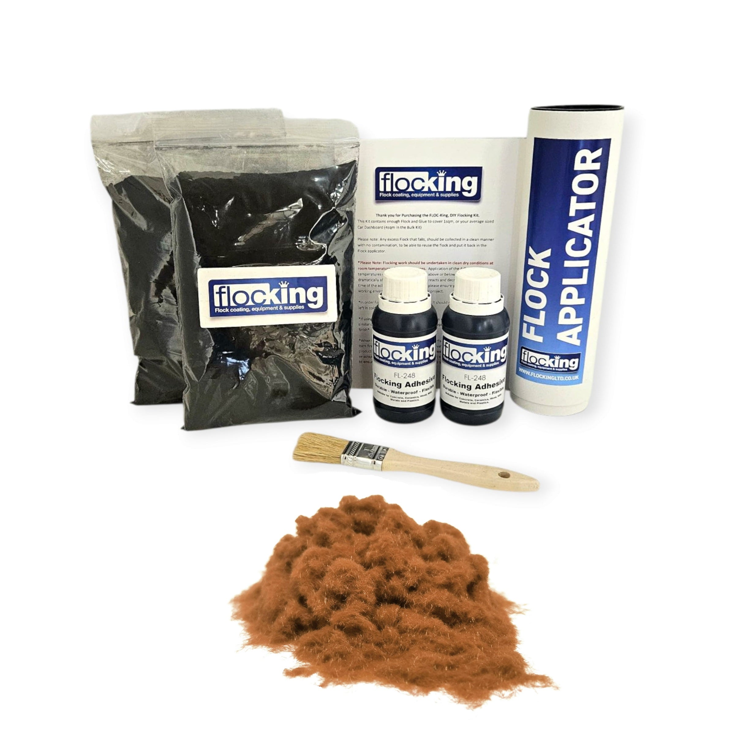 Twin DIY Flocking Kit with 2 x Flocking Fibres in Cinnamon Brown colour, 2 x 150ml Flocking Adhesives pre pigmented to Cinnamon Brown, a manual tube flocking applicator, brush and full instruction guide.