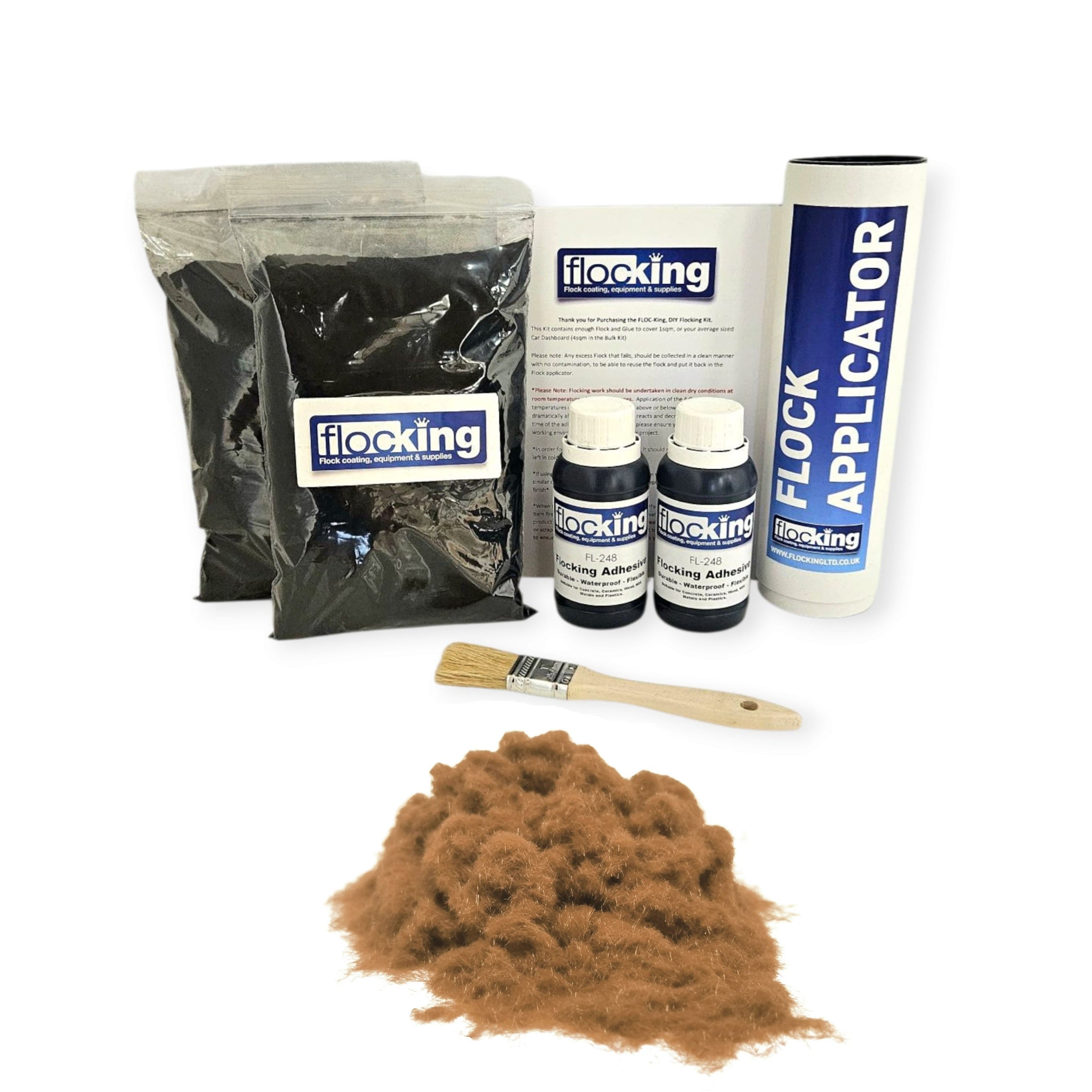 Twin DIY Flocking Kit with 2 x Flocking Fibres in Cocoa Brown colour, 2 x 150ml Flocking Adhesives pre pigmented to Cocoa Brown, a manual tube flocking applicator, brush and full instruction guide.