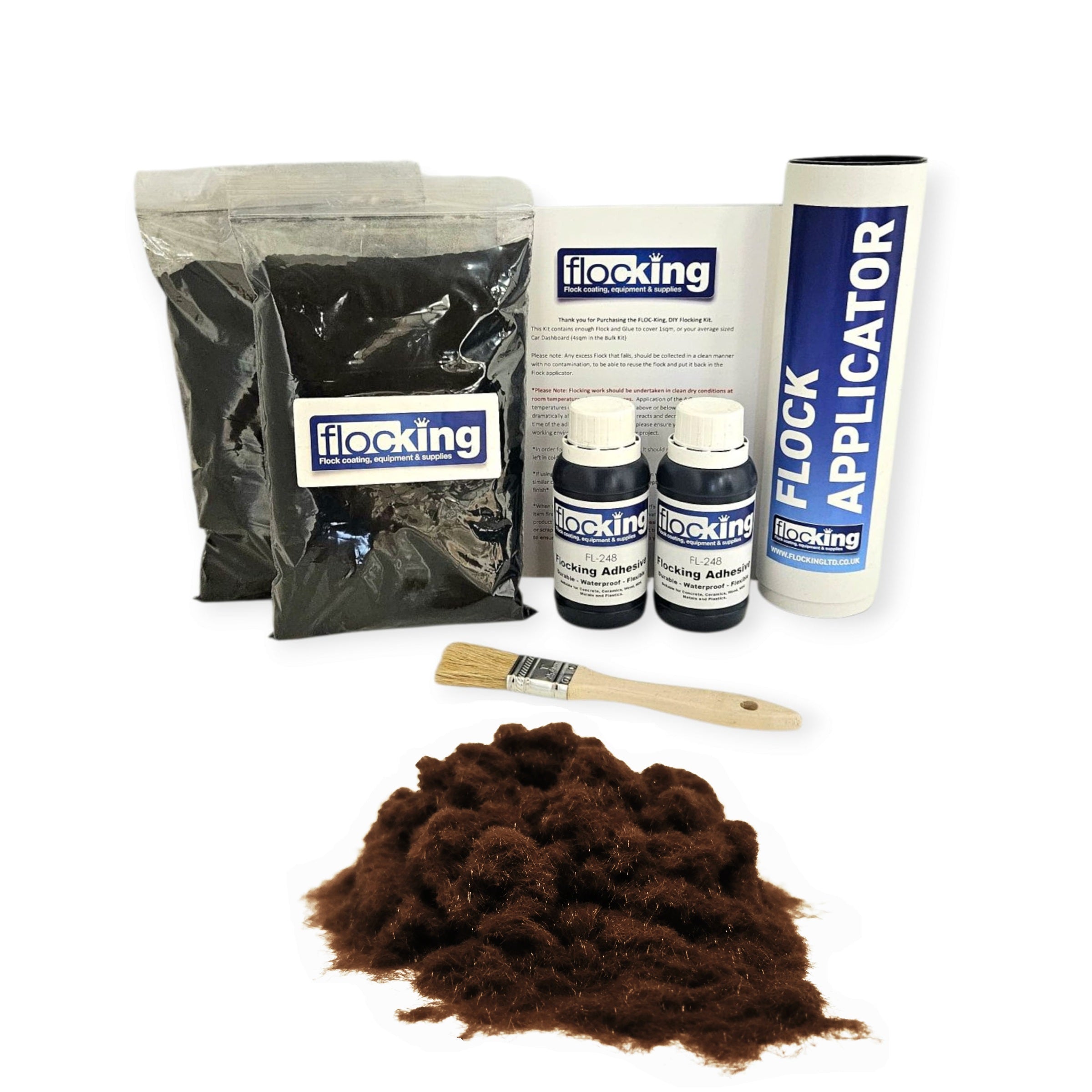 Twin DIY Flocking Kit with 2 x Flocking Fibres in Dark Brown colour, 2 x 150ml Flocking Adhesives pre pigmented to Dark Brown, a manual tube flocking applicator, brush and full instruction guide.