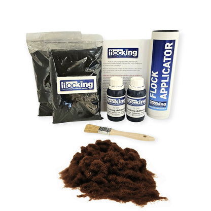 Twin DIY Flocking Kit with 2 x Flocking Fibres in Dark Brown colour, 2 x 150ml Flocking Adhesives pre pigmented to Dark Brown, a manual tube flocking applicator, brush and full instruction guide.