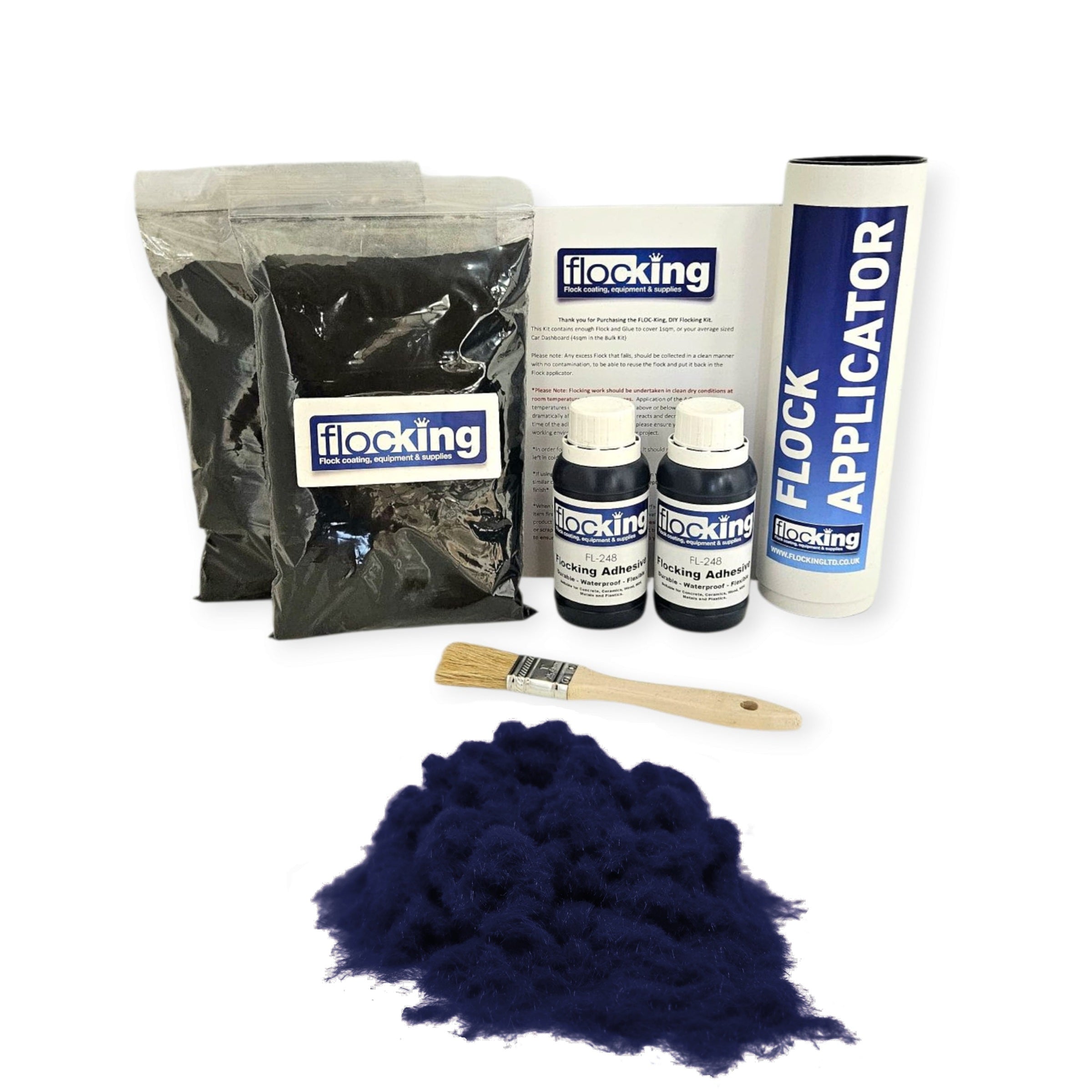 Twin DIY Flocking Kit with 2 x Flocking Fibres in Dark Navy colour, 2 x 150ml Flocking Adhesives pre pigmented to Dark Navy, a manual tube flocking applicator, brush and full instruction guide.