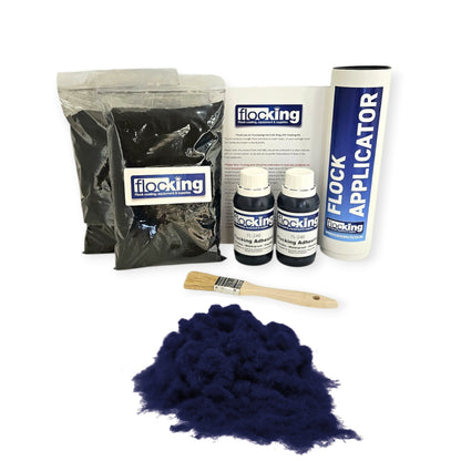 Twin DIY Flocking Kit with 2 x Flocking Fibres in Dark Navy colour, 2 x 150ml Flocking Adhesives pre pigmented to Dark Navy, a manual tube flocking applicator, brush and full instruction guide.