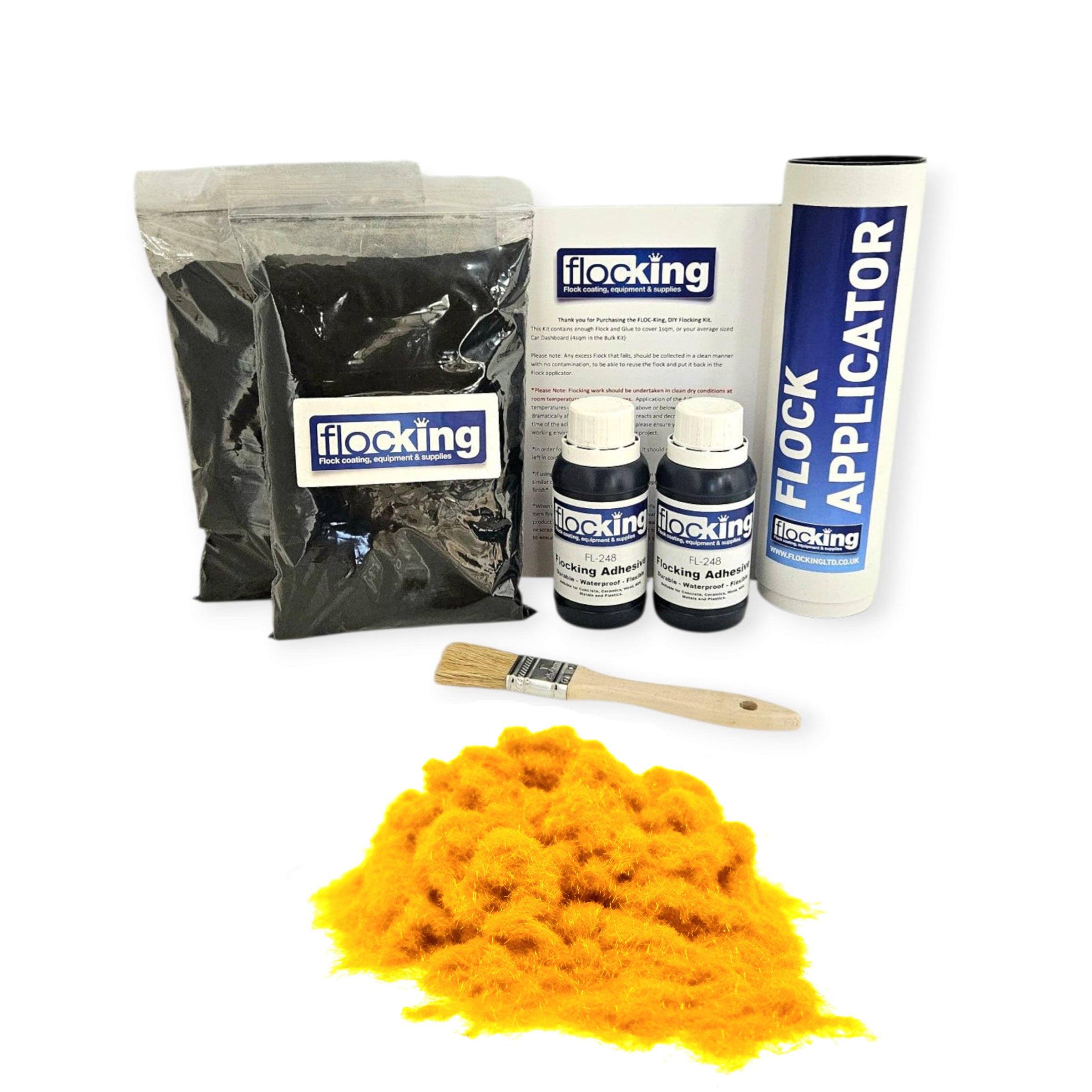 Twin DIY Flocking Kit with 2 x Flocking Fibres in Deep Yellow colour, 2 x 150ml Flocking Adhesives pre pigmented to Deep Yellow, a manual tube flocking applicator, brush and full instruction guide.
