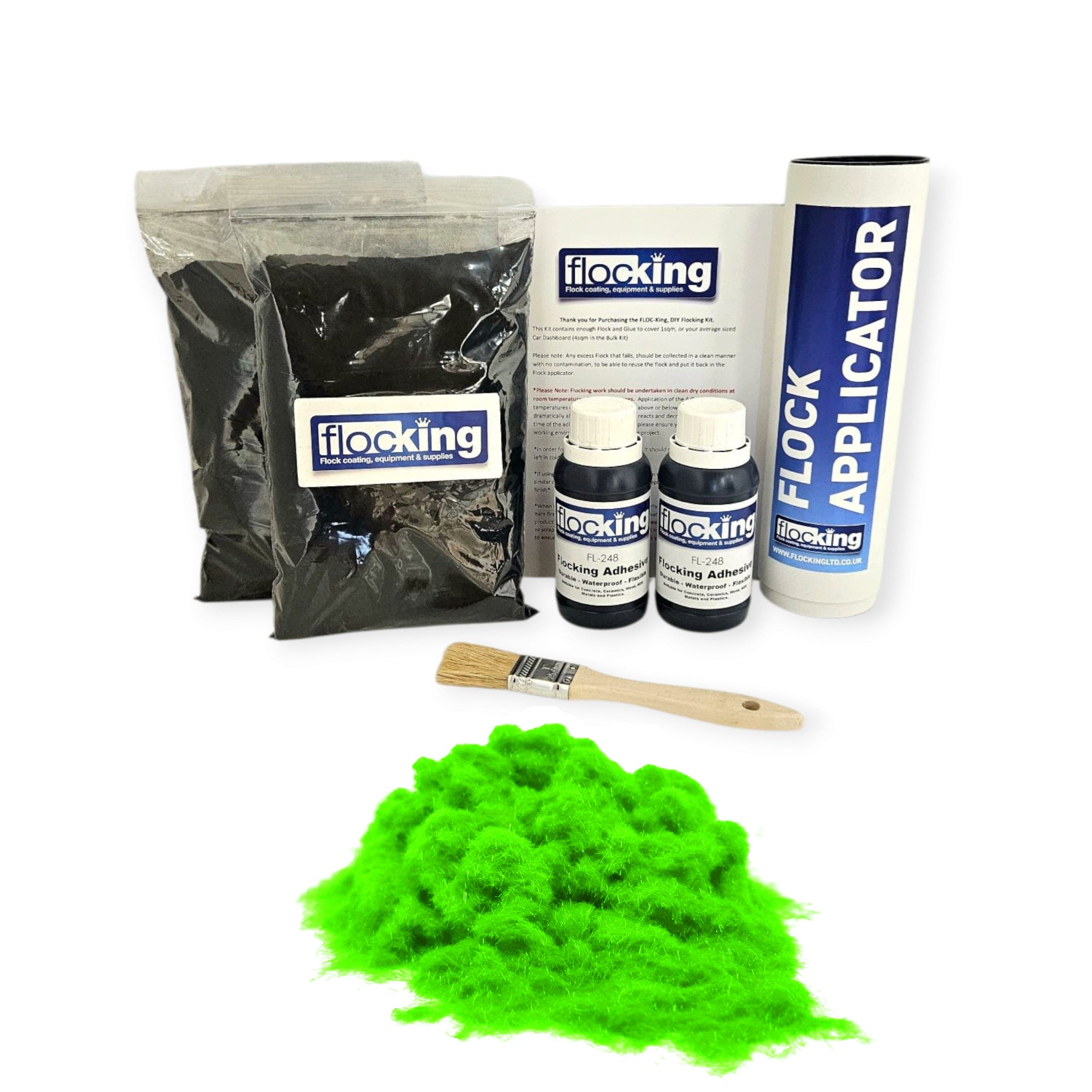 Twin DIY Flocking Kit with 2 x Flocking Fibres in Fluorescent Green colour, 2 x 150ml Flocking Adhesives pre pigmented to Fluorescent Green, a manual tube flocking applicator, brush and full instruction guide.