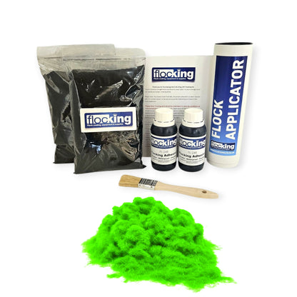 Twin DIY Flocking Kit with 2 x Flocking Fibres in Fluorescent Green colour, 2 x 150ml Flocking Adhesives pre pigmented to Fluorescent Green, a manual tube flocking applicator, brush and full instruction guide.