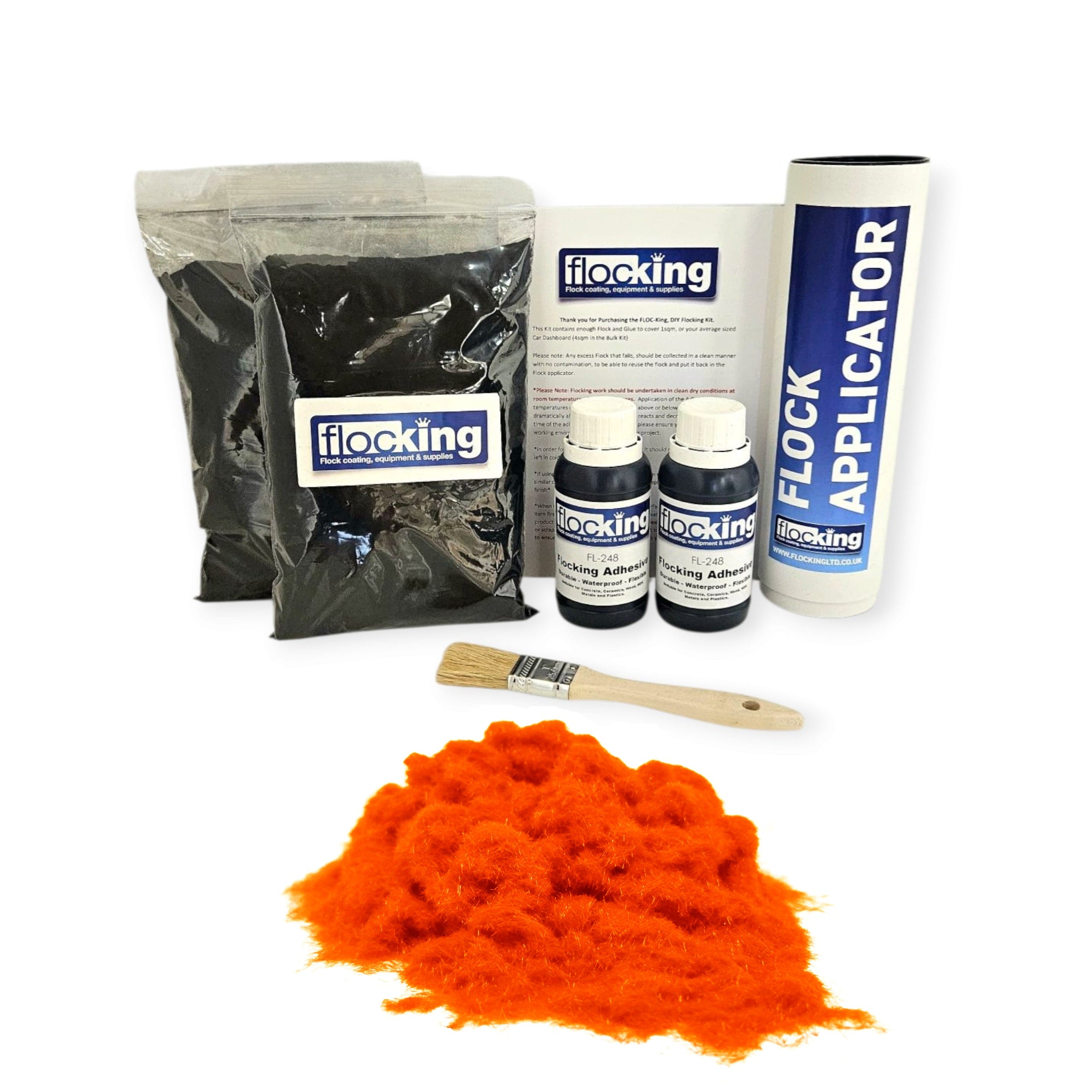 Twin DIY Flocking Kit with 2 x Flocking Fibres in Fluorescent Orange colour, 2 x 150ml Flocking Adhesives pre pigmented to Fluorescent Orange, a manual tube flocking applicator, brush and full instruction guide.