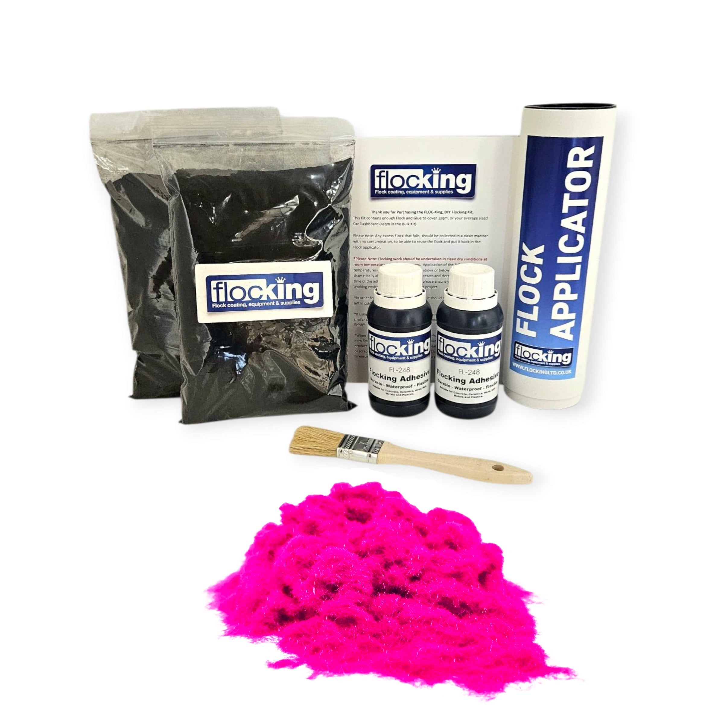 Twin DIY Flocking Kit with 2 x Flocking Fibres in Fluorescent Pink colour, 2 x 150ml Flocking Adhesives pre pigmented to Fluorescent Pink, a manual tube flocking applicator, brush and full instruction guide.