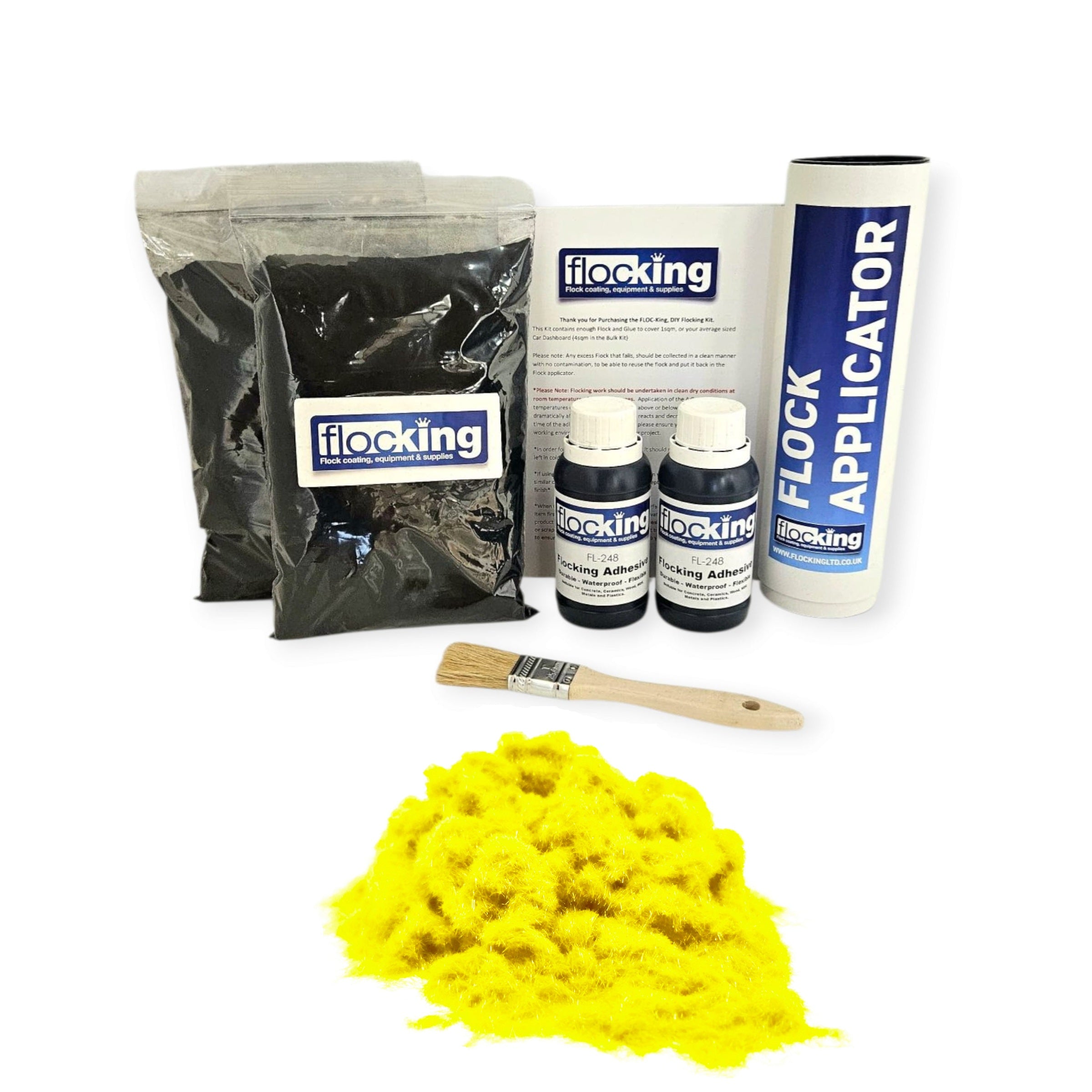 Twin DIY Flocking Kit with 2 x Flocking Fibres in Fluorescent Yellow colour, 2 x 150ml Flocking Adhesives pre pigmented to Fluorescent Yellow, a manual tube flocking applicator, brush and full instruction guide.