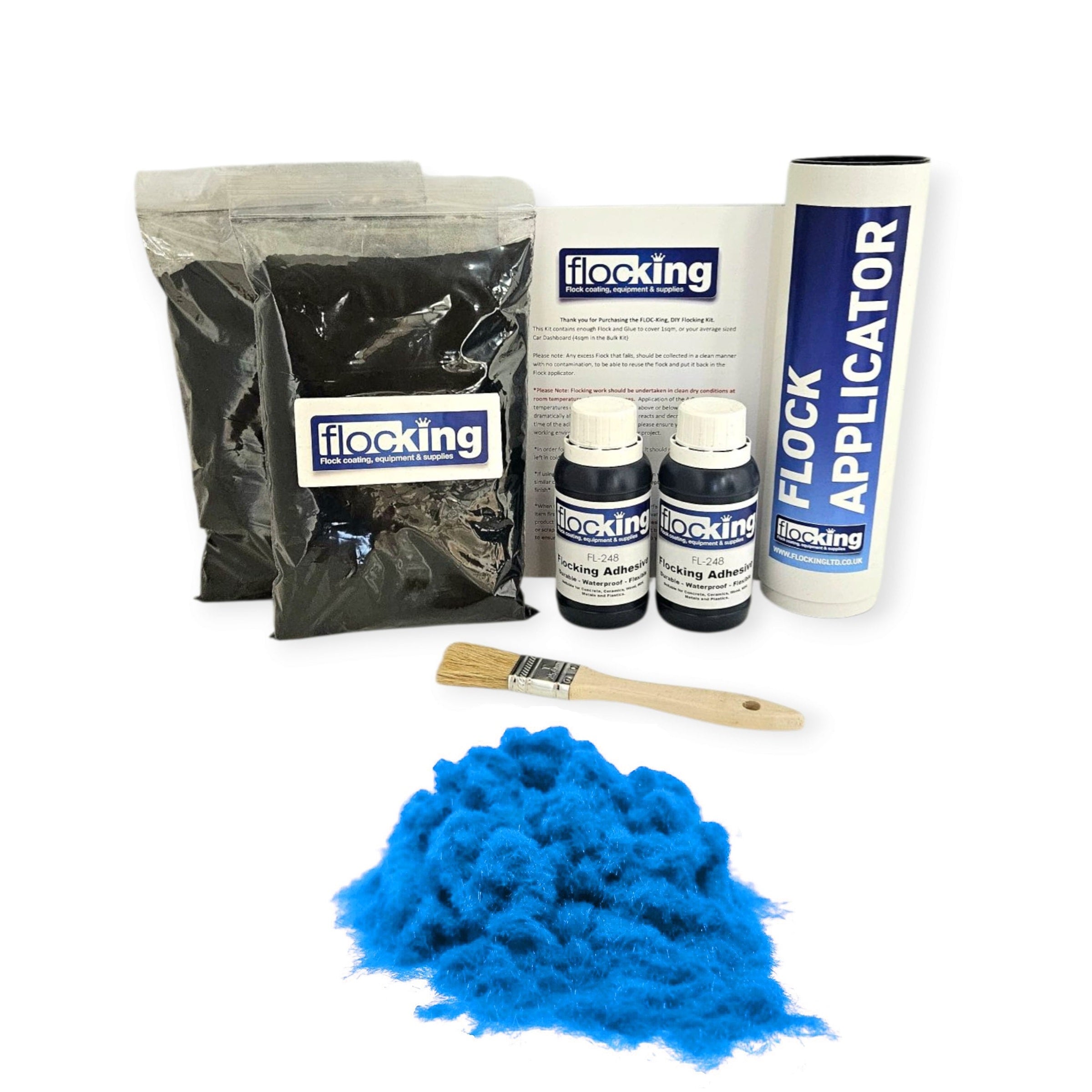 Twin DIY Flocking Kit with 2 x Flocking Fibres in French Blue colour, 2 x 150ml Flocking Adhesives pre pigmented to French Blue, a manual tube flocking applicator, brush and full instruction guide.