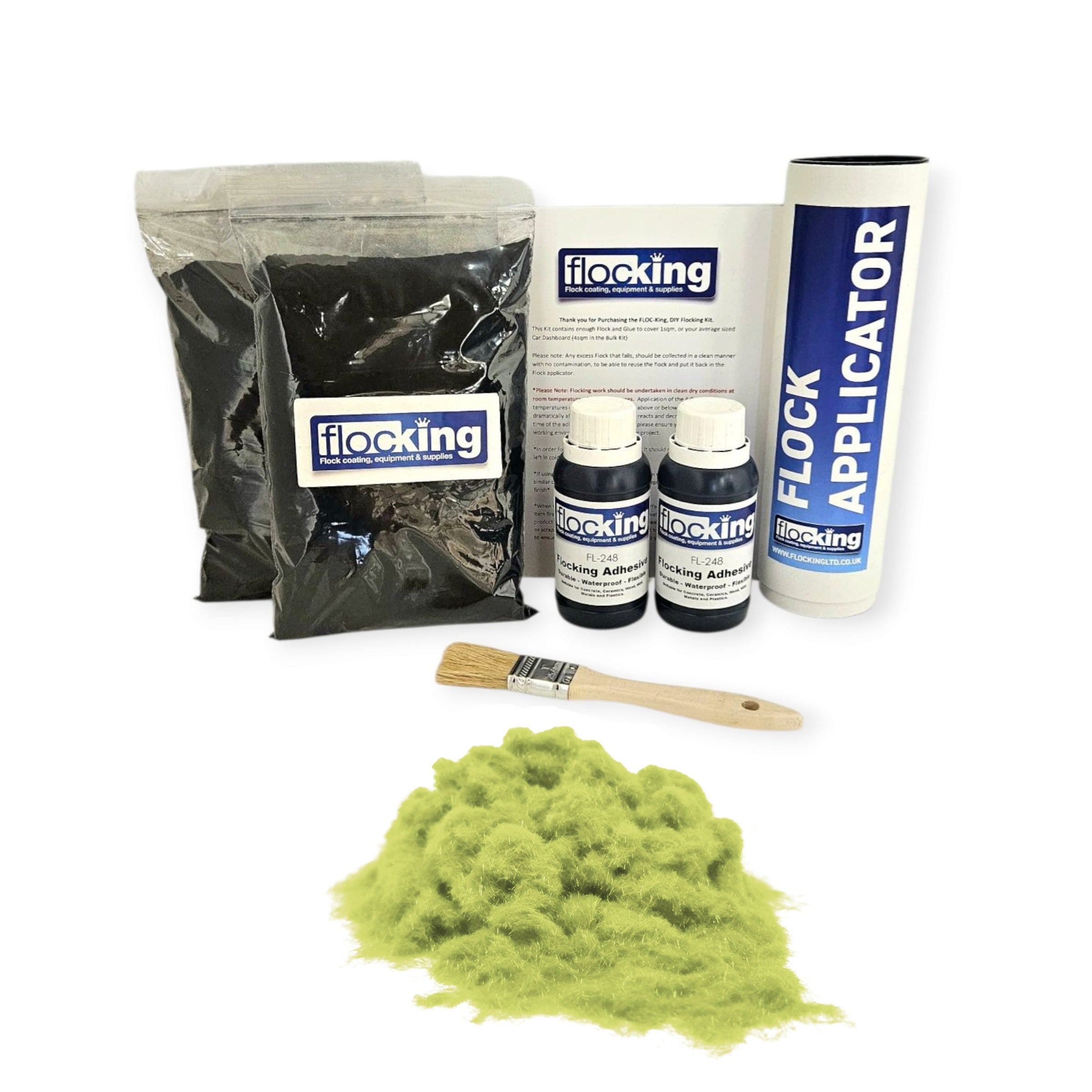 Twin DIY Flocking Kit with 2 x Flocking Fibres in Gooseberry green colour, 2 x 150ml Flocking Adhesives pre pigmented to gooseberry Green, a manual tube flocking applicator, brush and full instruction guide.