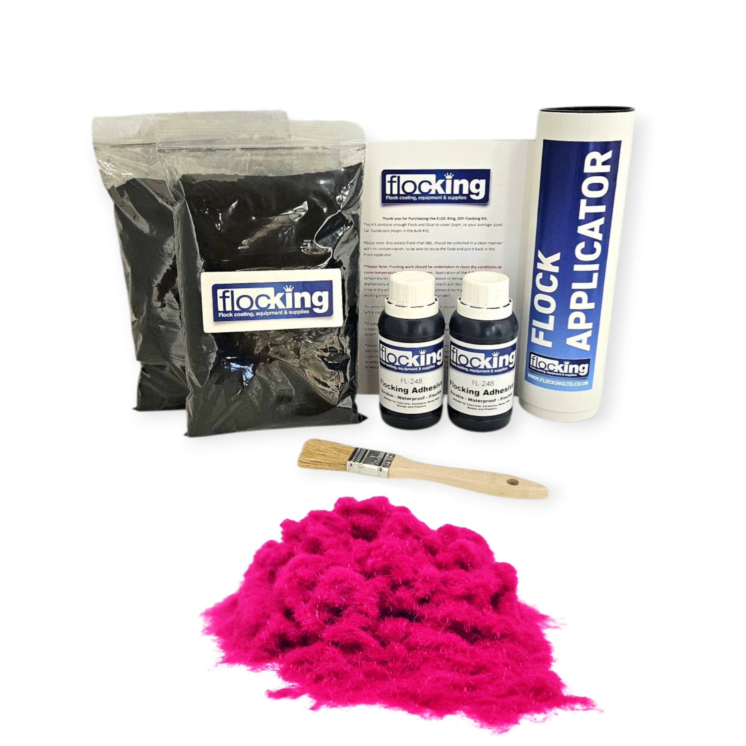 Twin DIY Flocking Kit with 2 x Flocking Fibres in Hot Pink colour, 2 x 150ml Flocking Adhesives pre pigmented to Hot Pink, a manual tube flocking applicator, brush and full instruction guide.