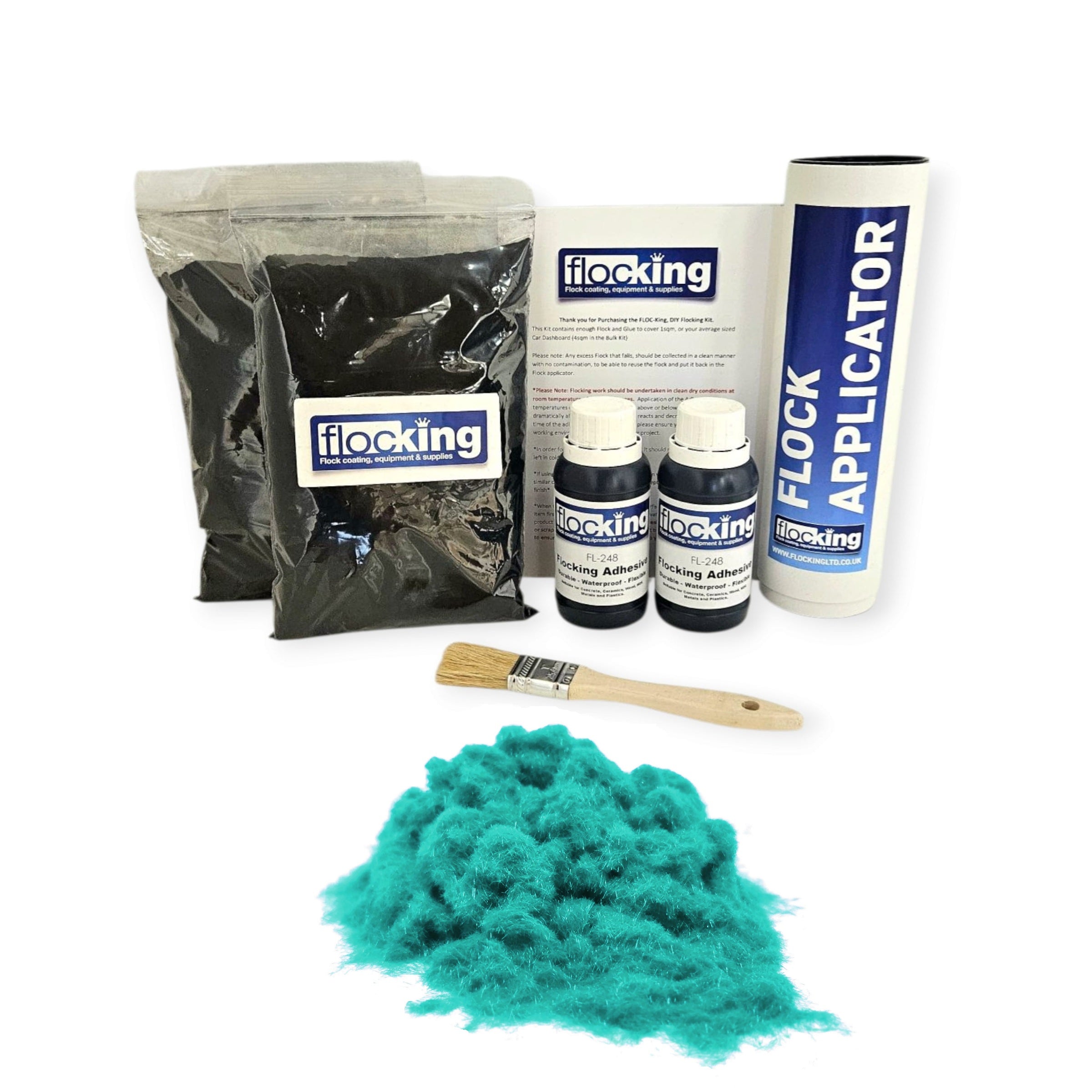 Twin DIY Flocking Kit with 2 x Flocking Fibres in Light Turquoise colour, 2 x 150ml Flocking Adhesives pre pigmented to Light Turquoise, a manual tube flocking applicator, brush and full instruction guide.
