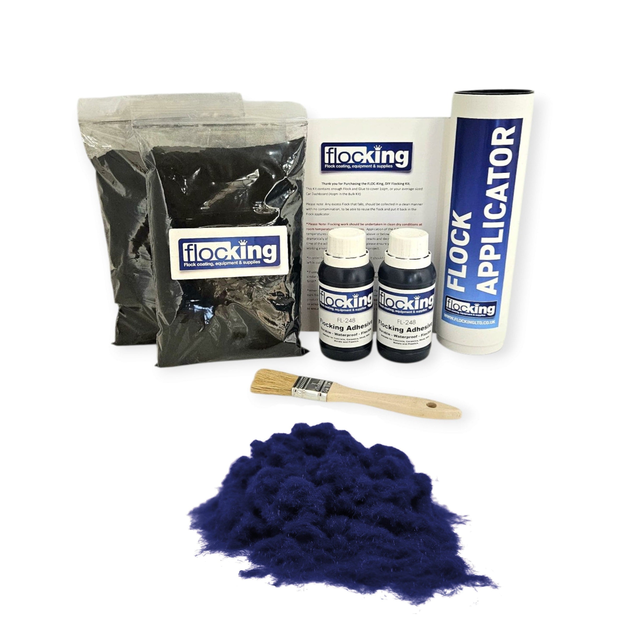Twin DIY Flocking Kit with 2 x Flocking Fibres in Navy Blue colour, 2 x 150ml Flocking Adhesives pre pigmented to Navy Blue, a manual tube flocking applicator, brush and full instruction guide.