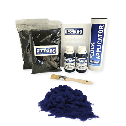 Twin DIY Flocking Kit with 2 x Flocking Fibres in Navy Blue colour, 2 x 150ml Flocking Adhesives pre pigmented to Navy Blue, a manual tube flocking applicator, brush and full instruction guide.
