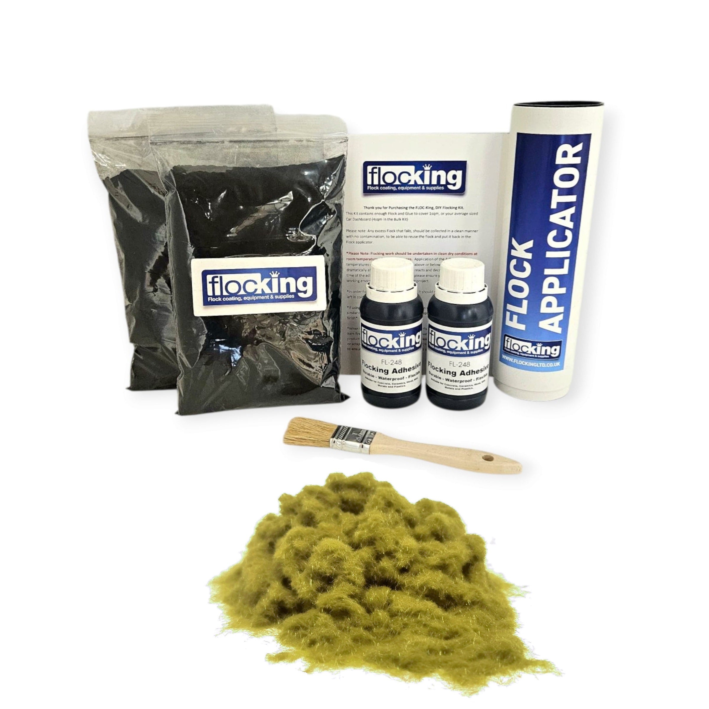 Twin DIY Flocking Kit with 2 x Flocking Fibres in Olive Green colour, 2 x 150ml Flocking Adhesives pre pigmented to Olive Green, a manual tube flocking applicator, brush and full instruction guide.