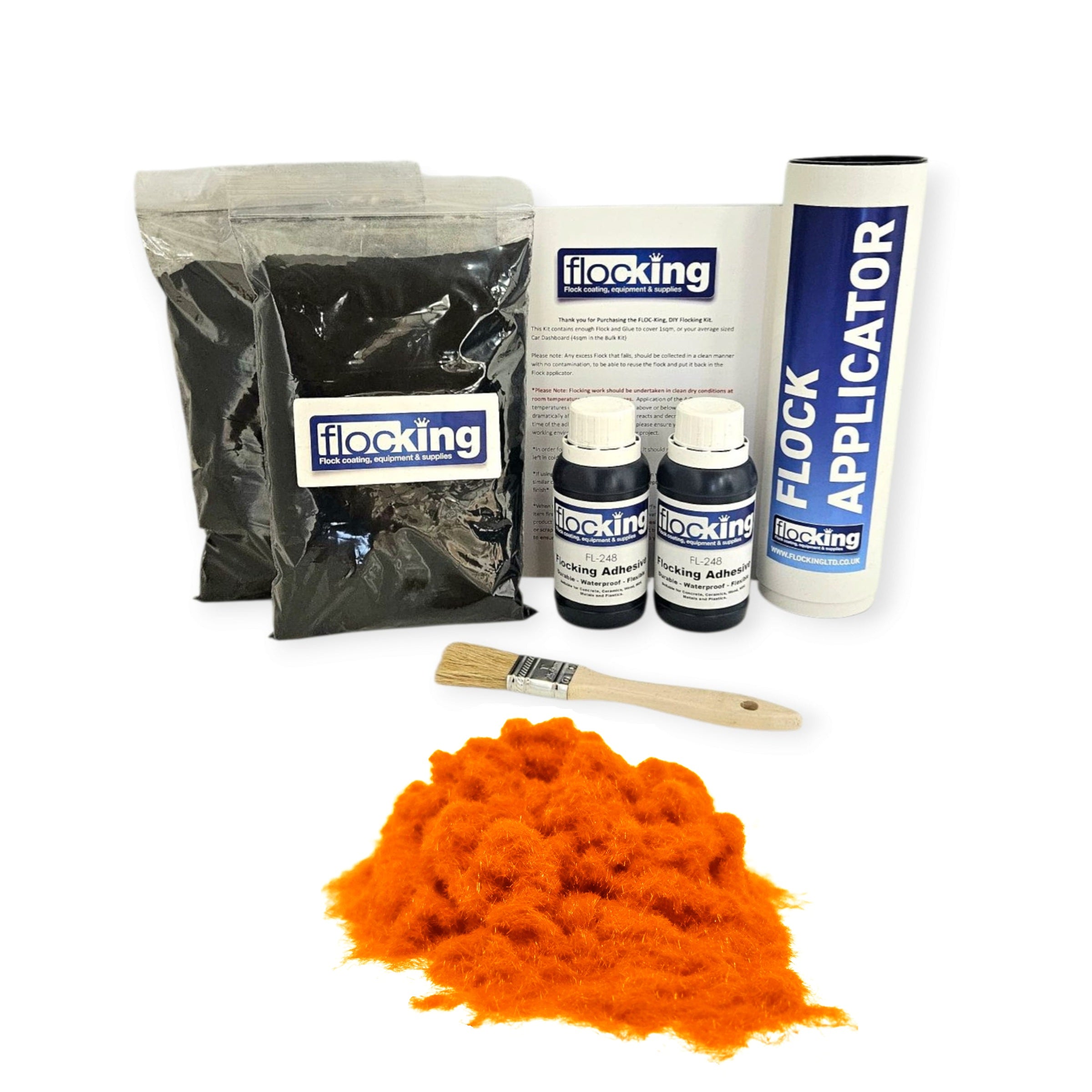Twin DIY Flocking Kit with 2 x Flocking Fibres in Orange colour, 2 x 150ml Flocking Adhesives pre pigmented to Orange, a manual tube flocking applicator, brush and full instruction guide.