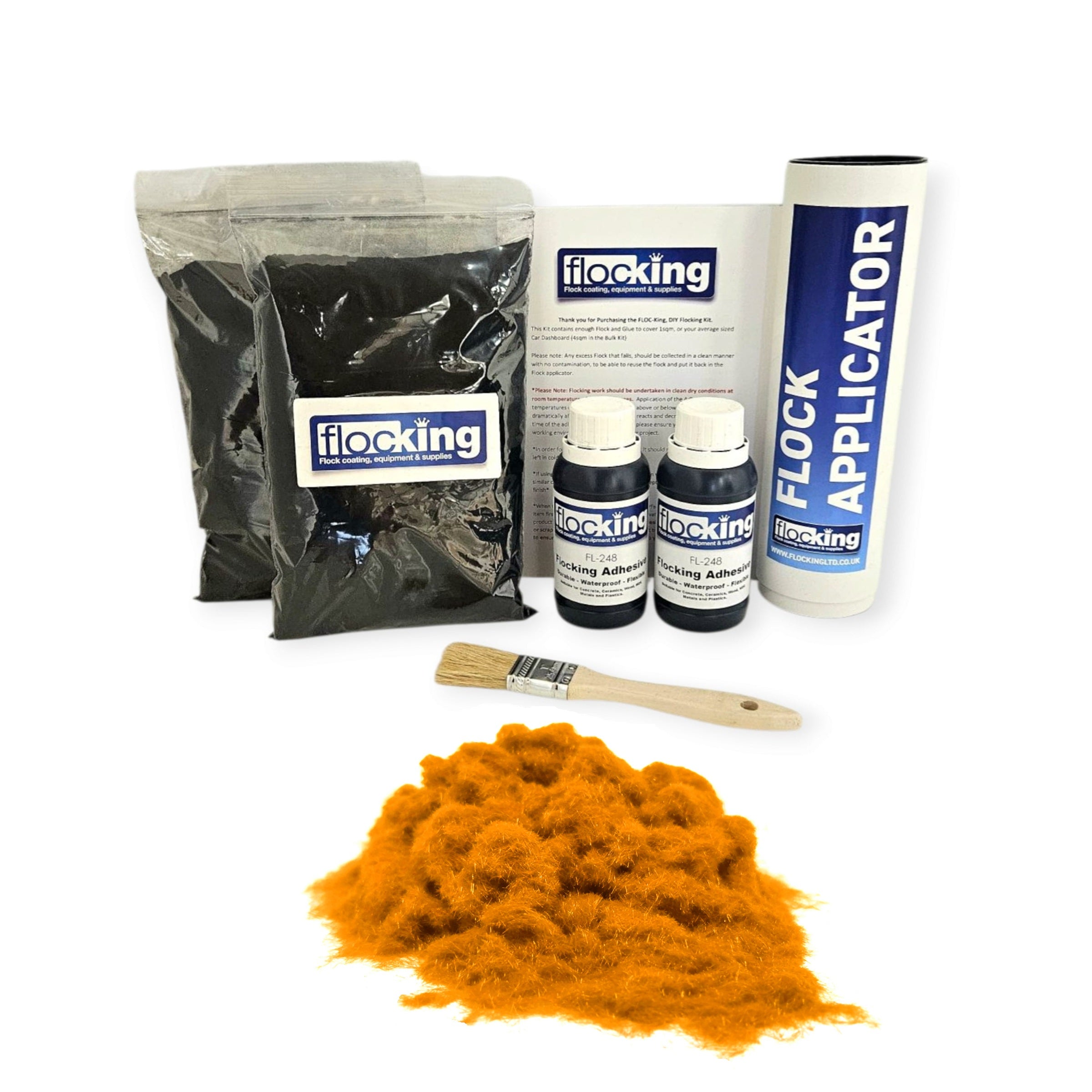 Twin DIY Flocking Kit with 2 x Flocking Fibres in Oro gold colour, 2 x 150ml Flocking Adhesives pre pigmented to Oro Gold, a manual tube flocking applicator, brush and full instruction guide.