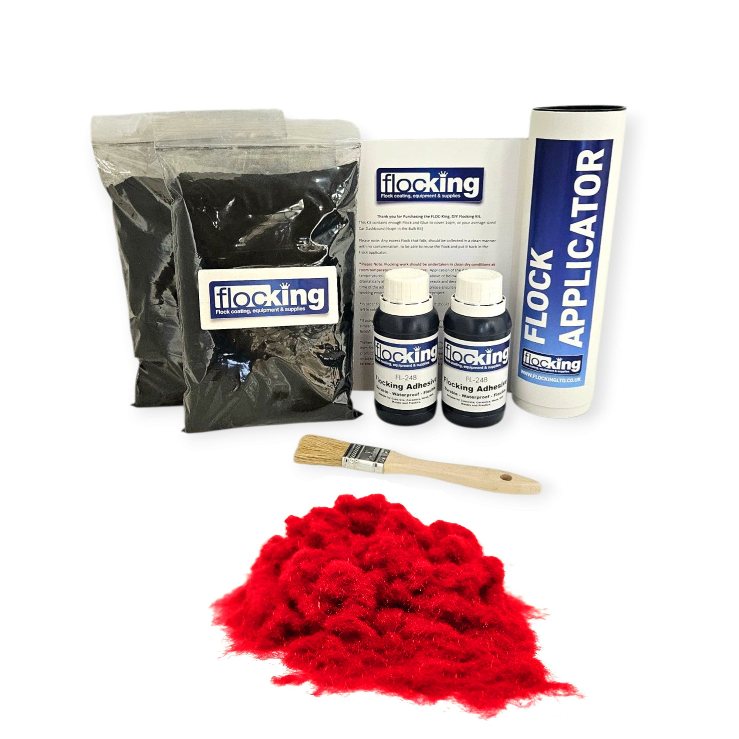 Twin DIY Flocking Kit with 2 x Flocking Fibres in Pillar Box Red colour, 2 x 150ml Flocking Adhesives pre pigmented to Pillar Box Red, a manual tube flocking applicator, brush and full instruction guide.