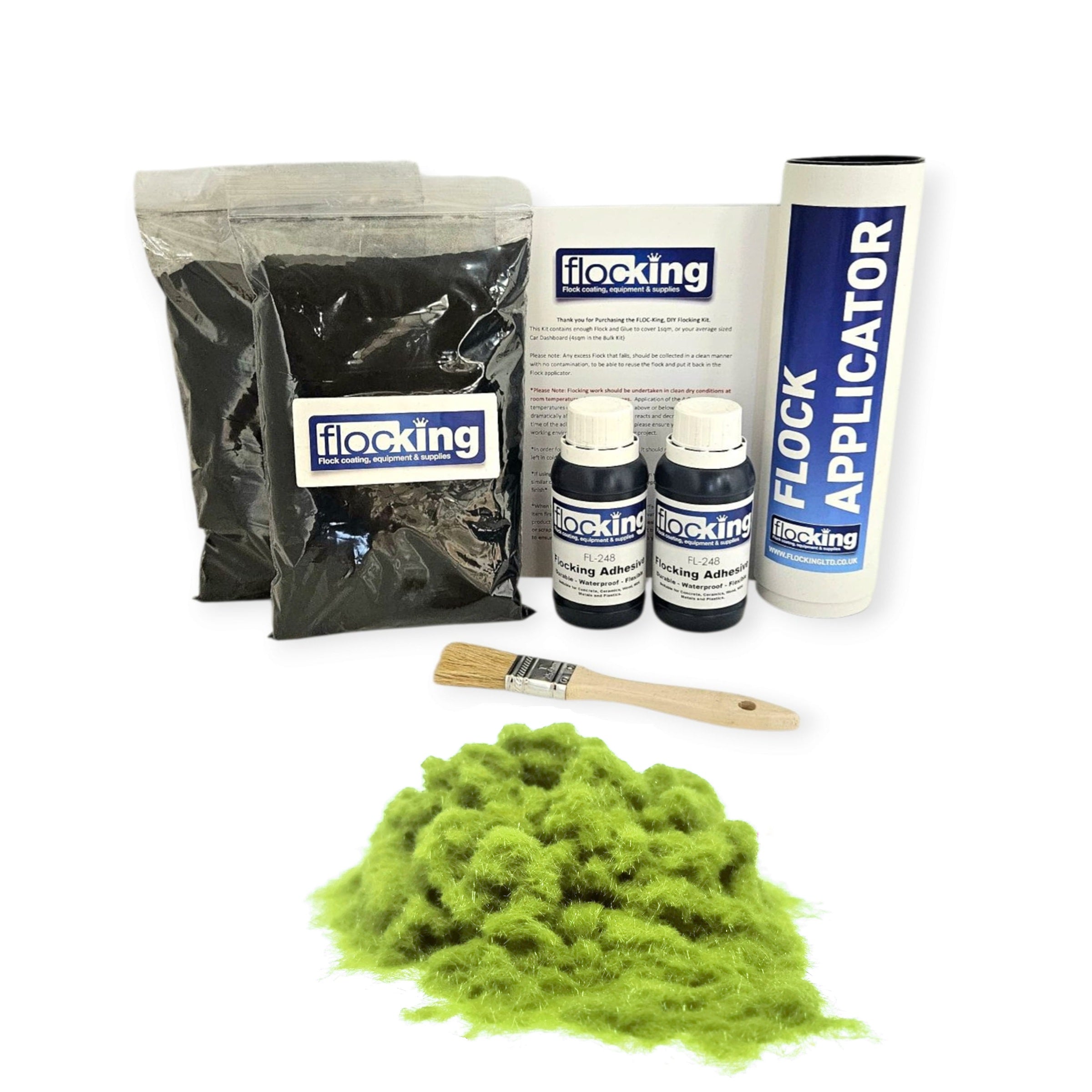 Twin DIY Flocking Kit with 2 x Flocking Fibres in Pistachio Green colour, 2 x 150ml Flocking Adhesives pre pigmented to Pistachio green, a manual tube flocking applicator, brush and full instruction guide.