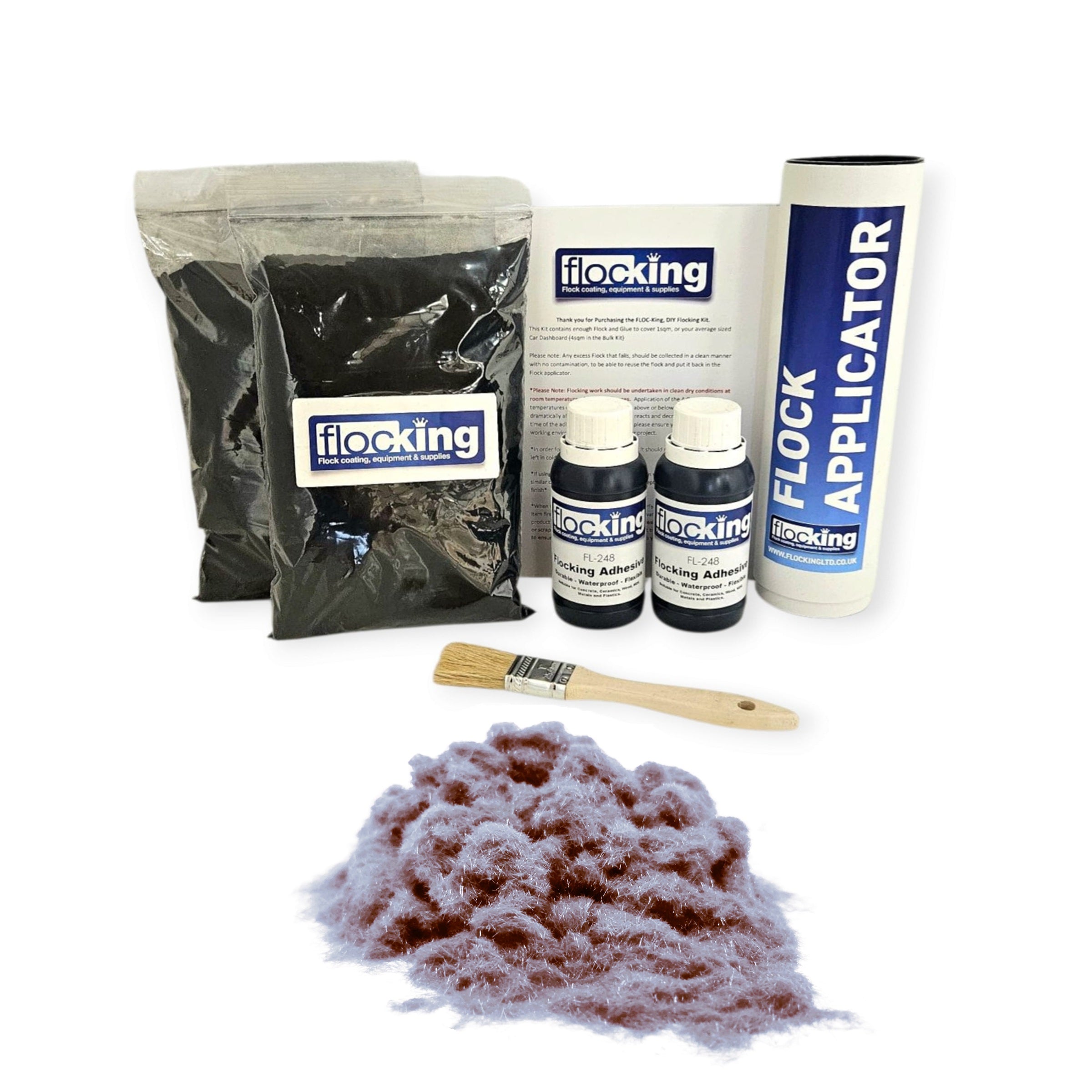 Twin DIY Flocking Kit with 2 x Flocking Fibres in Platinum Medium Grey colour, 2 x 150ml Flocking Adhesives pre pigmented to Platinum Medium Grey, a manual tube flocking applicator, brush and full instruction guide.