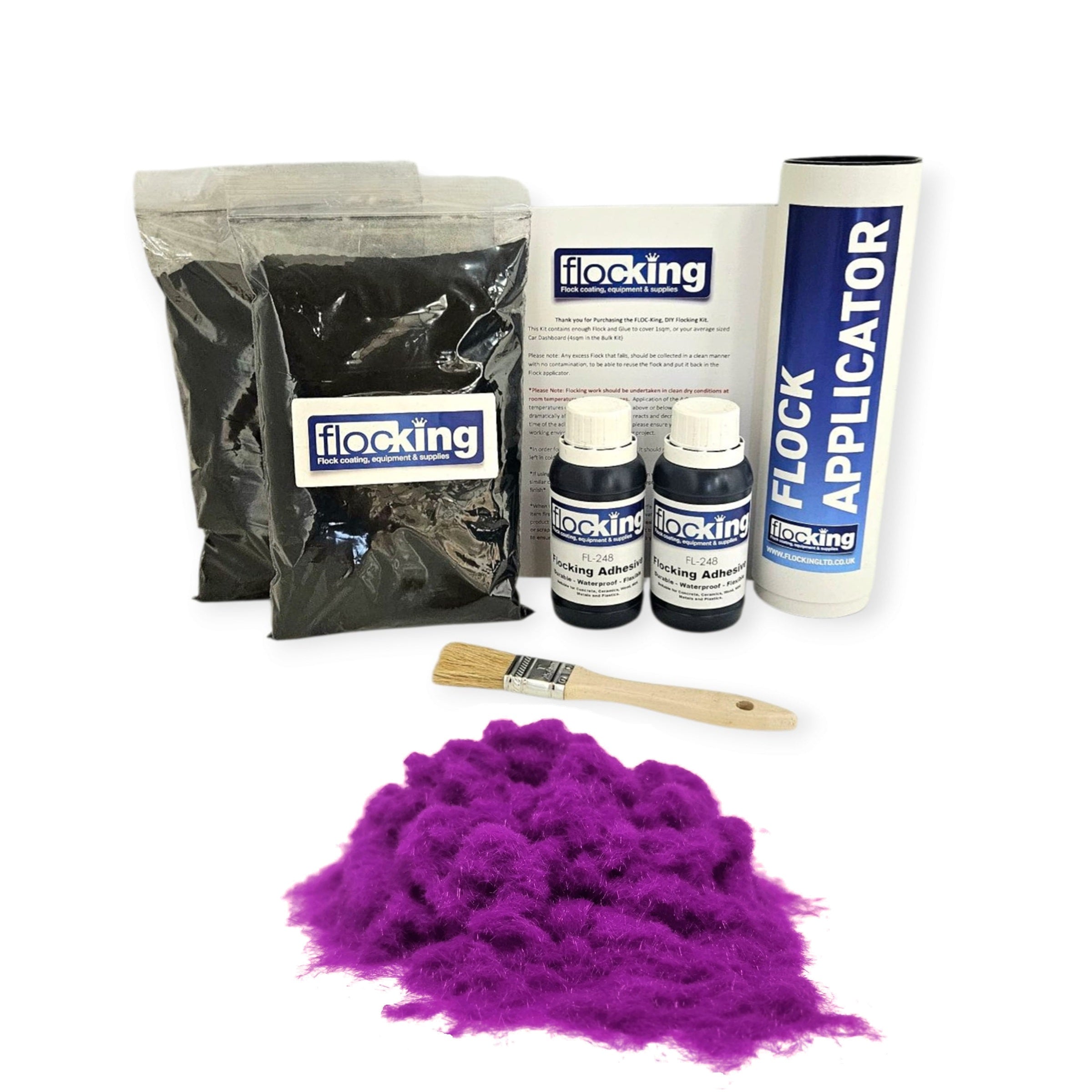 Twin DIY Flocking Kit with 2 x Flocking Fibres in Purple colour, 2 x 150ml Flocking Adhesives pre pigmented to Purple, a manual tube flocking applicator, brush and full instruction guide.