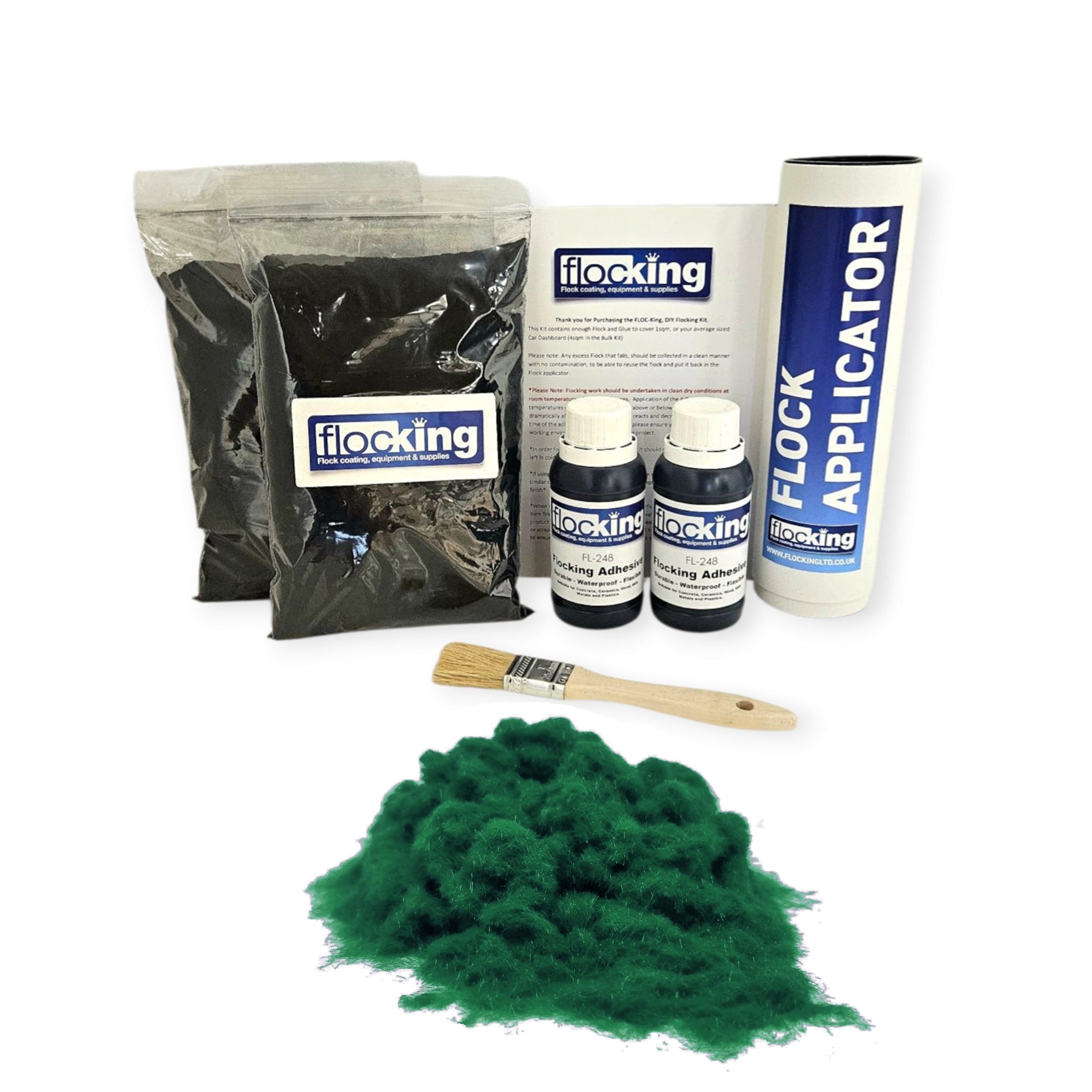 Twin DIY Flocking Kit with 2 x Flocking Fibres in Racing Green colour, 2 x 150ml Flocking Adhesives pre pigmented to Racing Green, a manual tube flocking applicator, brush and full instruction guide.