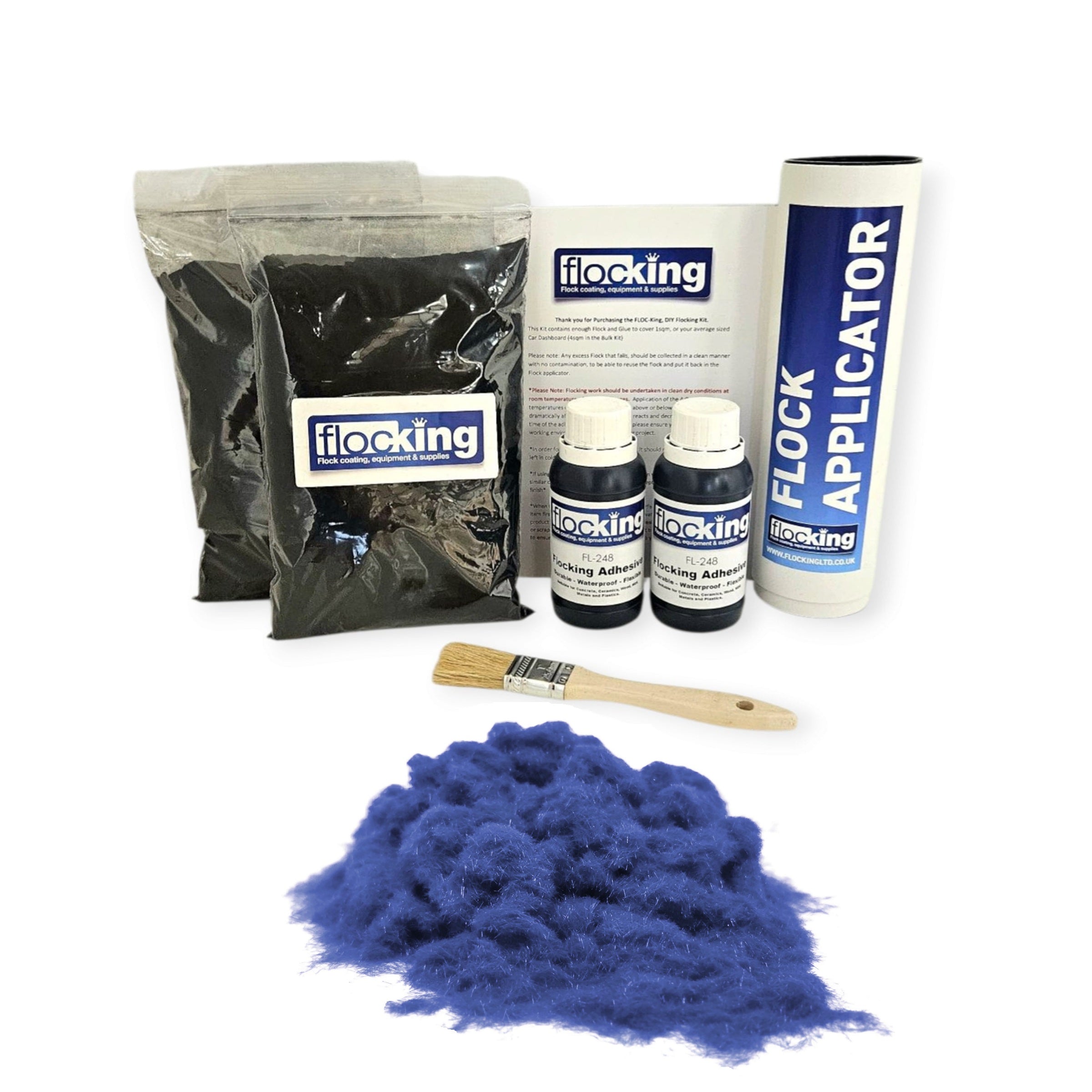 Twin DIY Flocking Kit with 2 x Flocking Fibres in Royal blue colour, 2 x 150ml Flocking Adhesives pre pigmented to Royal blue, a manual tube flocking applicator, brush and full instruction guide.