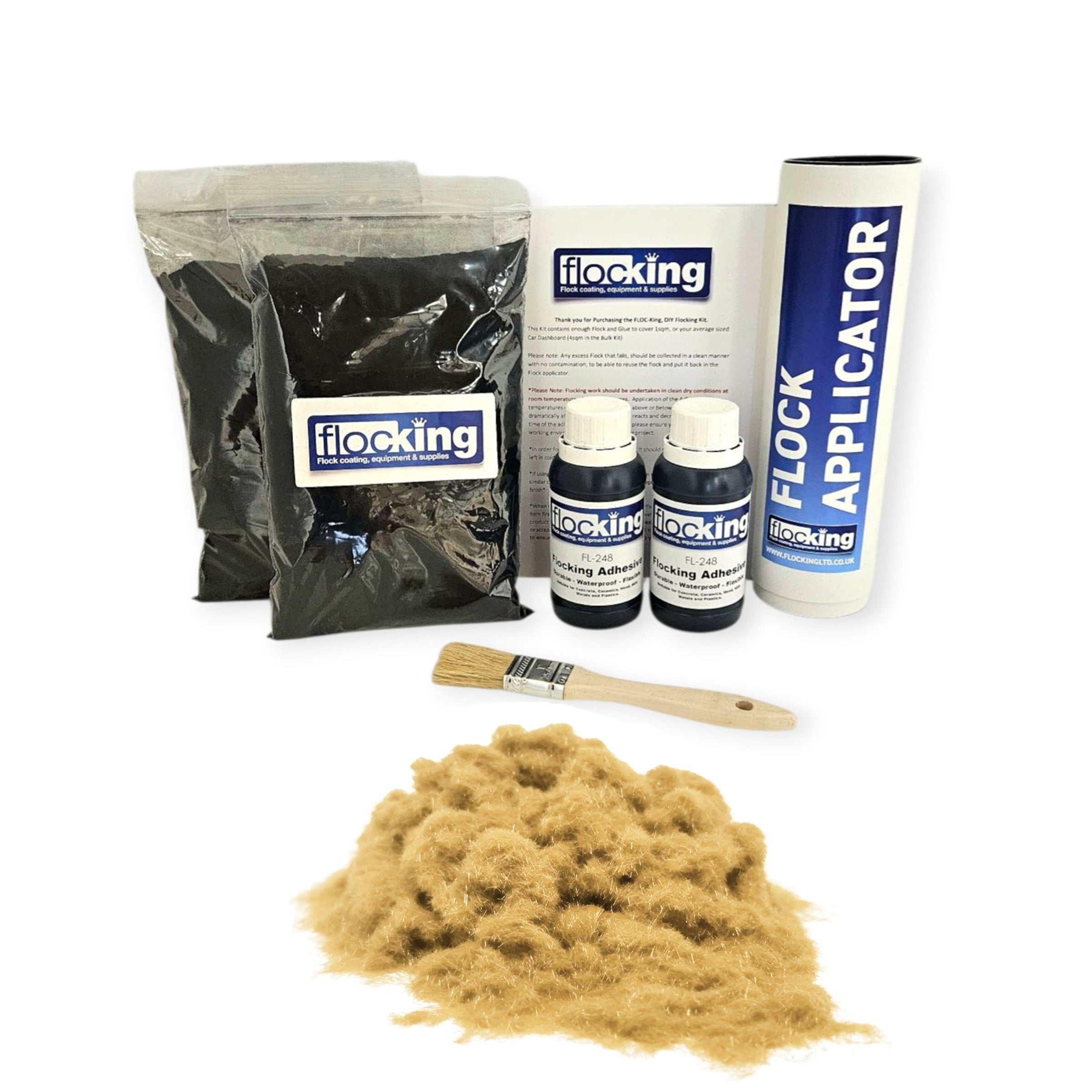 Twin DIY Flocking Kit with 2 x Flocking Fibres in Sand Beige colour, 2 x 150ml Flocking Adhesives pre pigmented to Sand Beige, a manual tube flocking applicator, brush and full instruction guide.