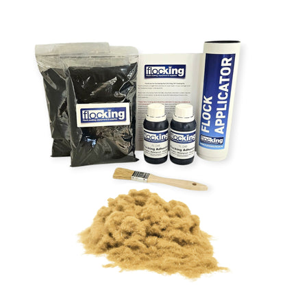 Twin DIY Flocking Kit with 2 x Flocking Fibres in Sand Beige colour, 2 x 150ml Flocking Adhesives pre pigmented to Sand Beige, a manual tube flocking applicator, brush and full instruction guide.