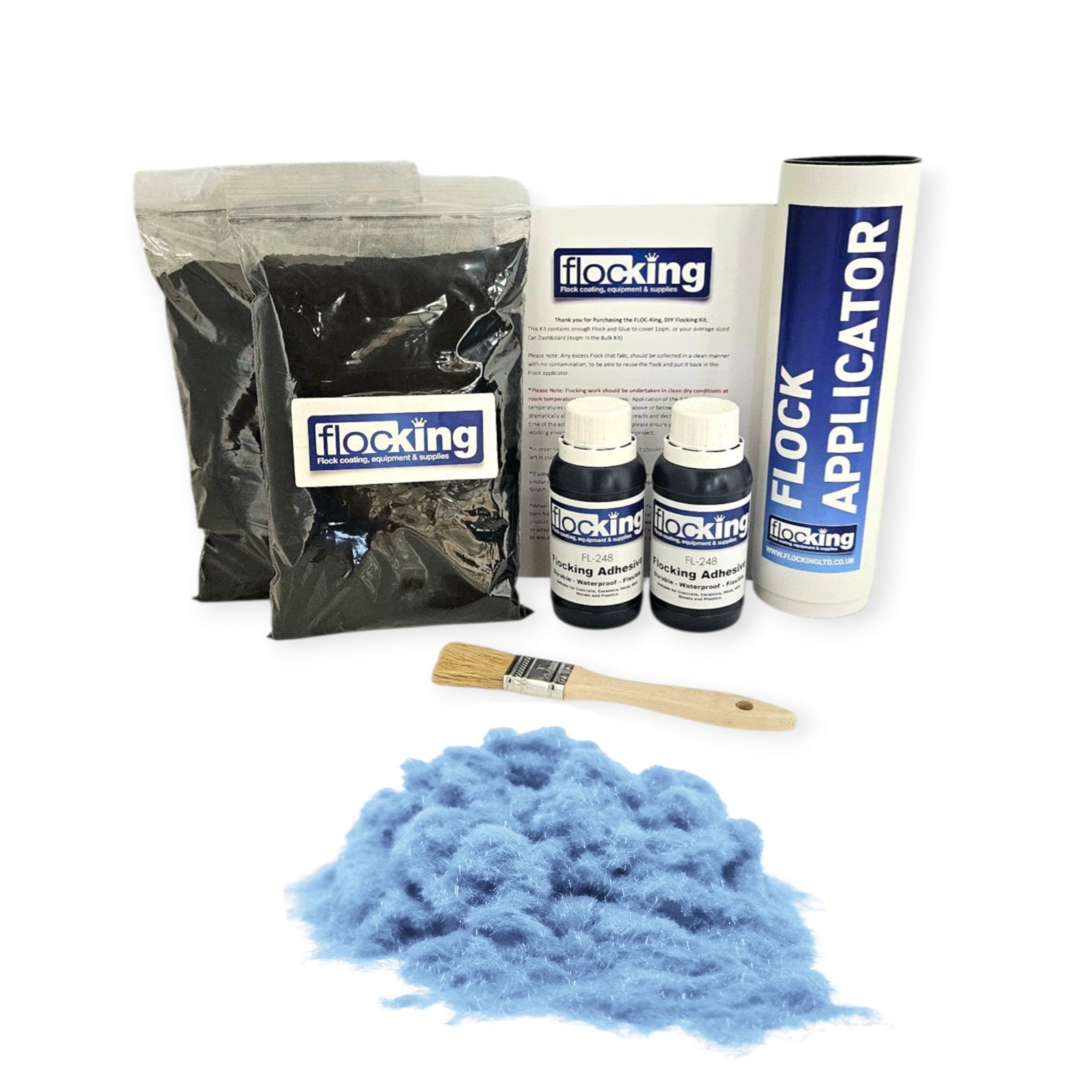 Twin DIY Flocking Kit with 2 x Flocking Fibres in sky blue colour, 2 x 150ml Flocking Adhesives pre pigmented to sky blue, a manual tube flocking applicator, brush and full instruction guide.