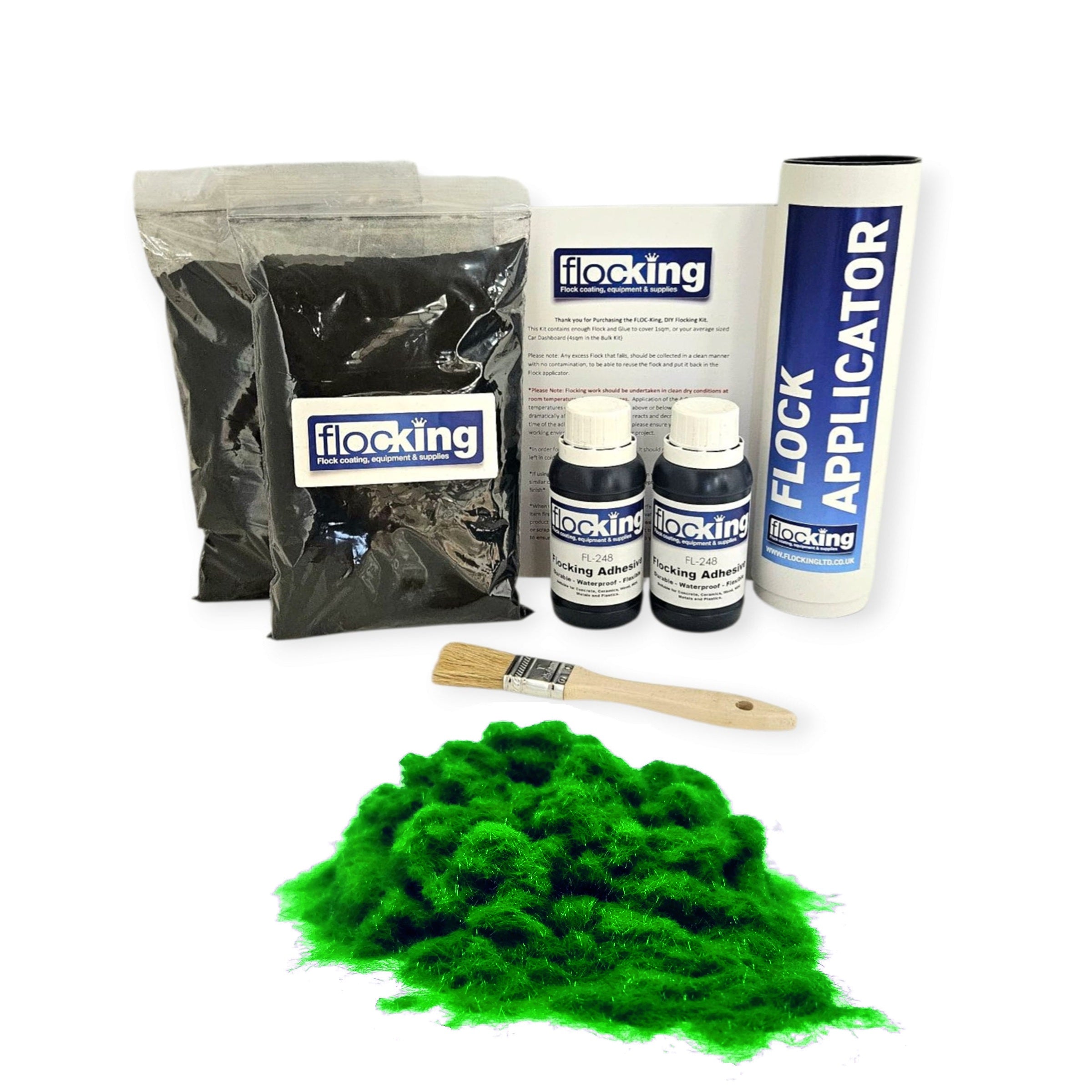Twin DIY Flocking Kit with 2 x Flocking Fibres in Snooker Green colour, 2 x 150ml Flocking Adhesives pre pigmented to Snooker Green, a manual tube flocking applicator, brush and full instruction guide.