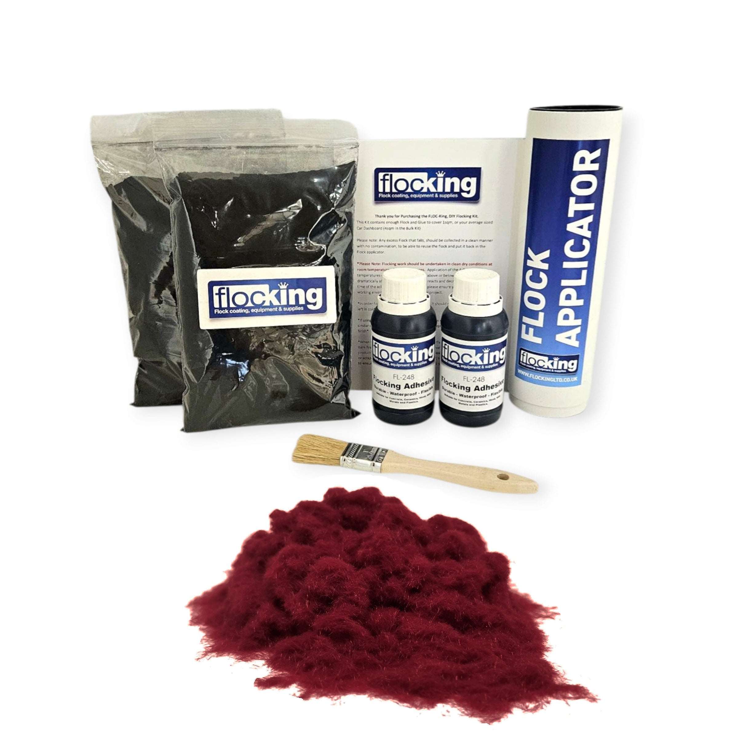Twin DIY Flocking Kit with 2 x Flocking Fibres in Wine Red colour, 2 x 150ml Flocking Adhesives pre pigmented to wine Red, a manual tube flocking applicator, brush and full instruction guide.