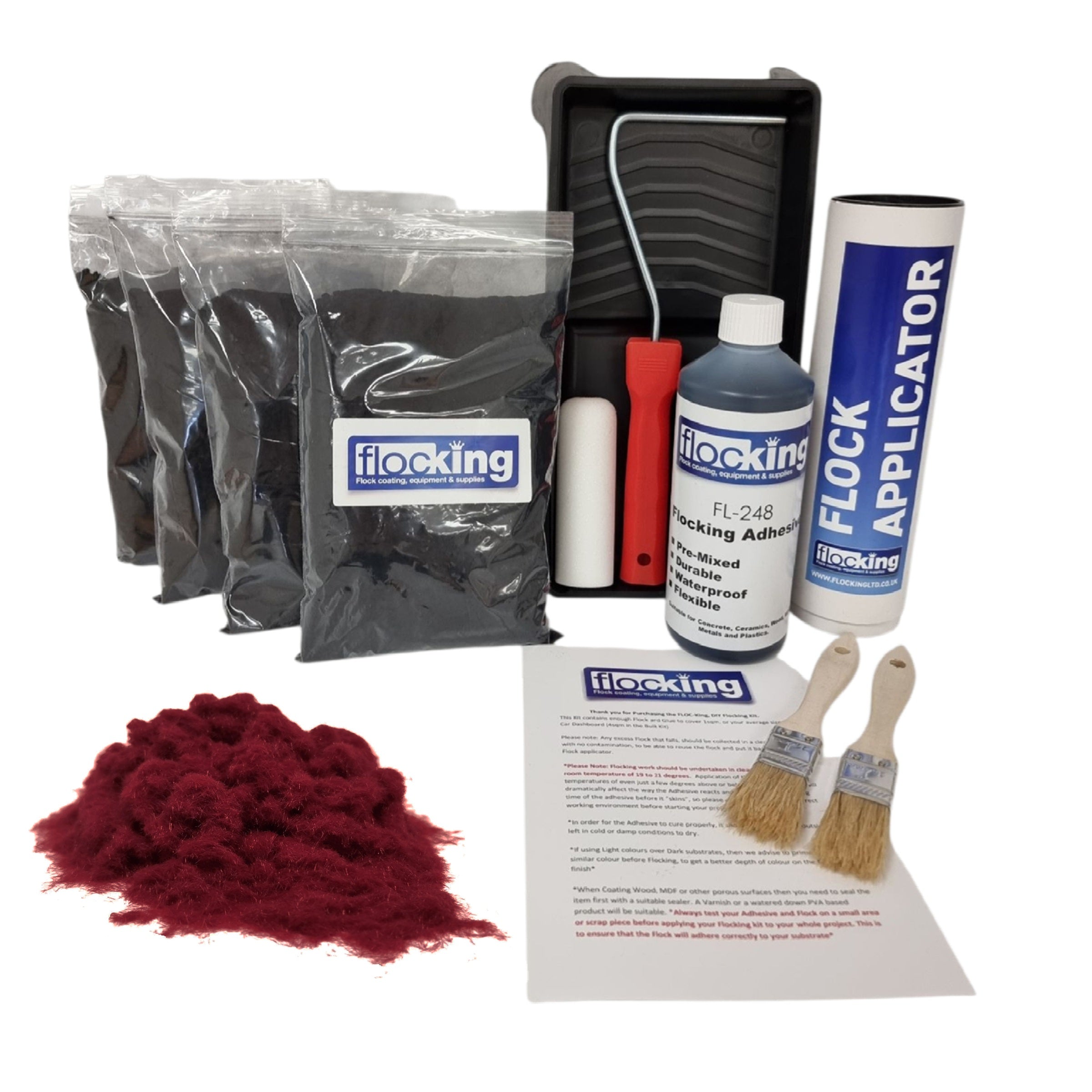Bulk Flocking kit with bags of Wine Red Nylon flocking fibres, applicator, adhesive, brush, Roller Tray set and full instructions.
