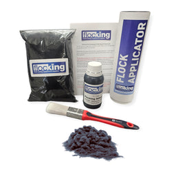 Flocking Kit with Anthracite Grey 1mm flock fibres, Pre- Pigmented 1 part Anthracite Grey Flocking Adhesive, a manual tube applicator, a paint brush to apply the Glue and full step by step instruction manual.