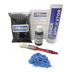 Flocking Kit with Aqua Blue 1mm flock fibres, Pre- Pigmented 1 part Aqua Blue Flocking Adhesive, a manual tube applicator, a paint brush to apply the Glue and full step by step instruction manual.